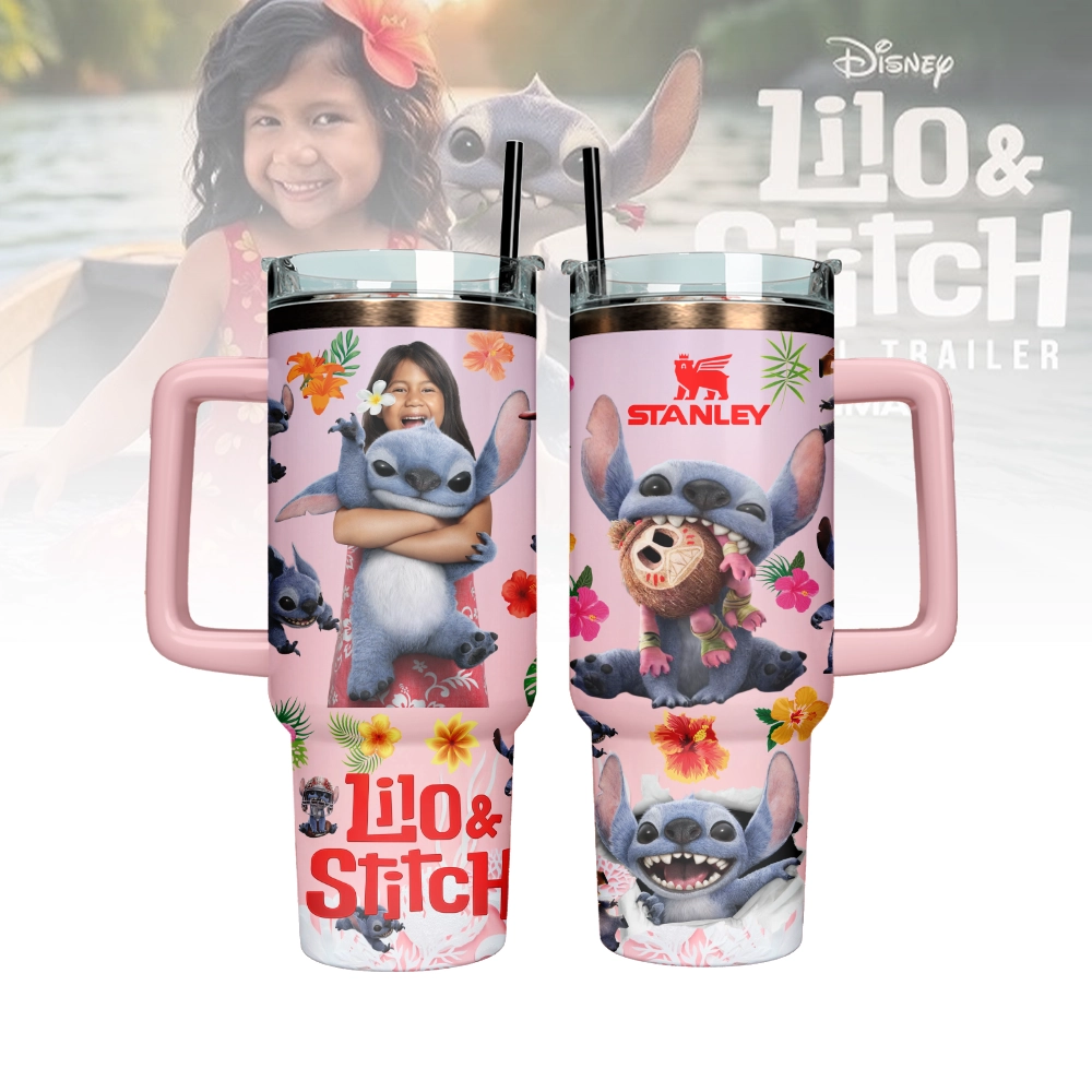 Hydratemerch Lilo & Stitch Cartoon Custom Stanley Quencher 40oz Stainless Steel Tumbler With Handle