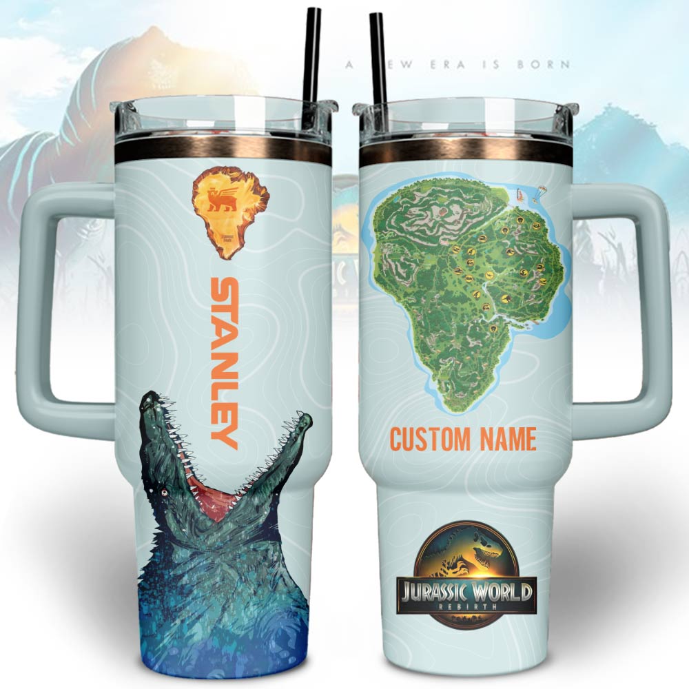 Hydratemerch Jurassic World Movies Custom Stanley Quencher 40oz Stainless Steel Tumbler With Handle