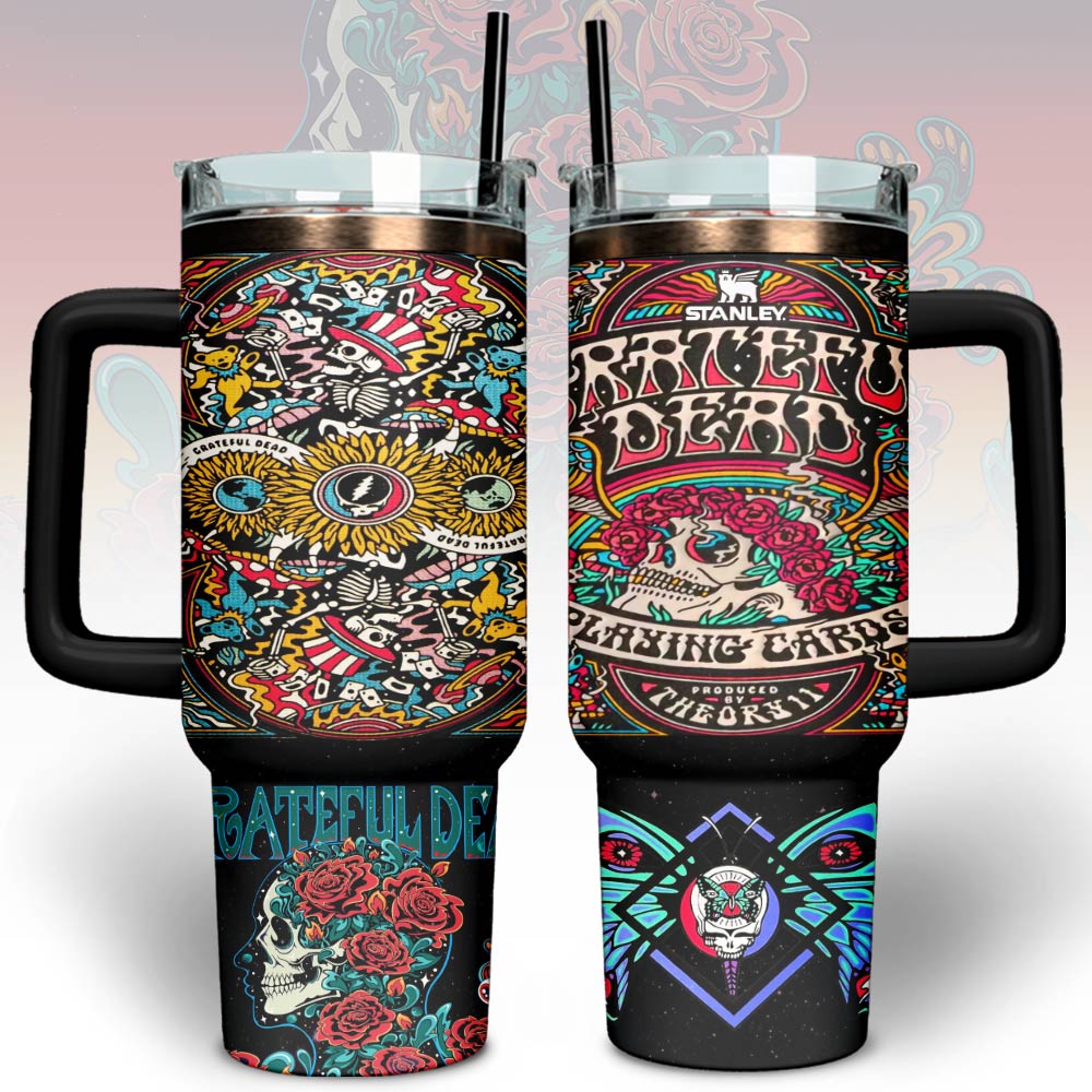 Hydratemerch Grateful Dead Music Custom Stanley Quencher 40oz Stainless Steel Tumbler With Handle
