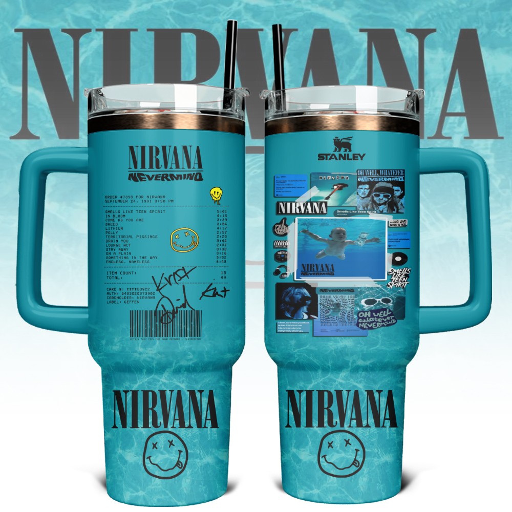 Hydratemerch Nirvana Band Music Custom Stanley Quencher 40oz Stainless Steel Tumbler With Handle
