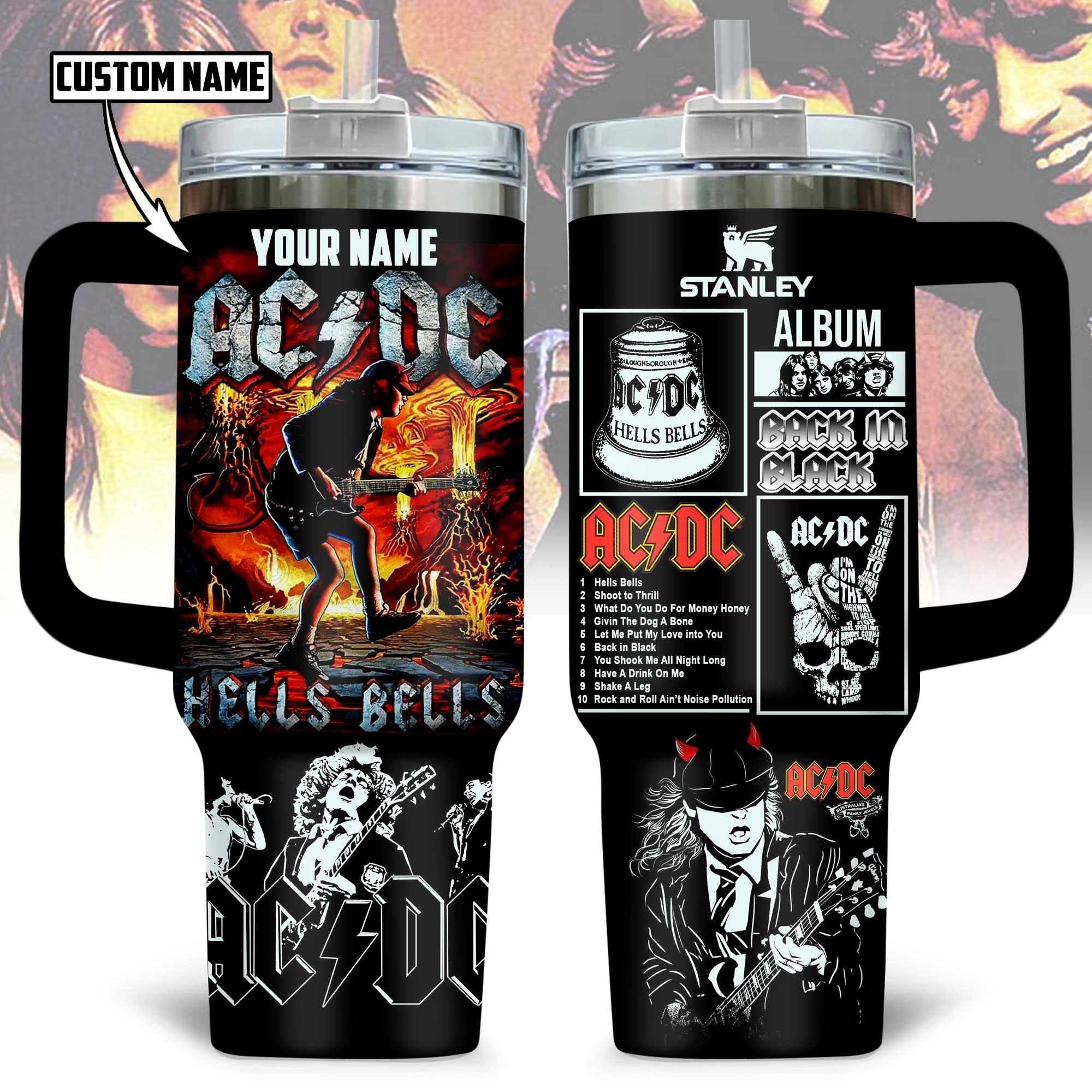 Hydratemerch AC/DC Music Custom Stanley Quencher 40oz Stainless Steel Tumbler With Handle