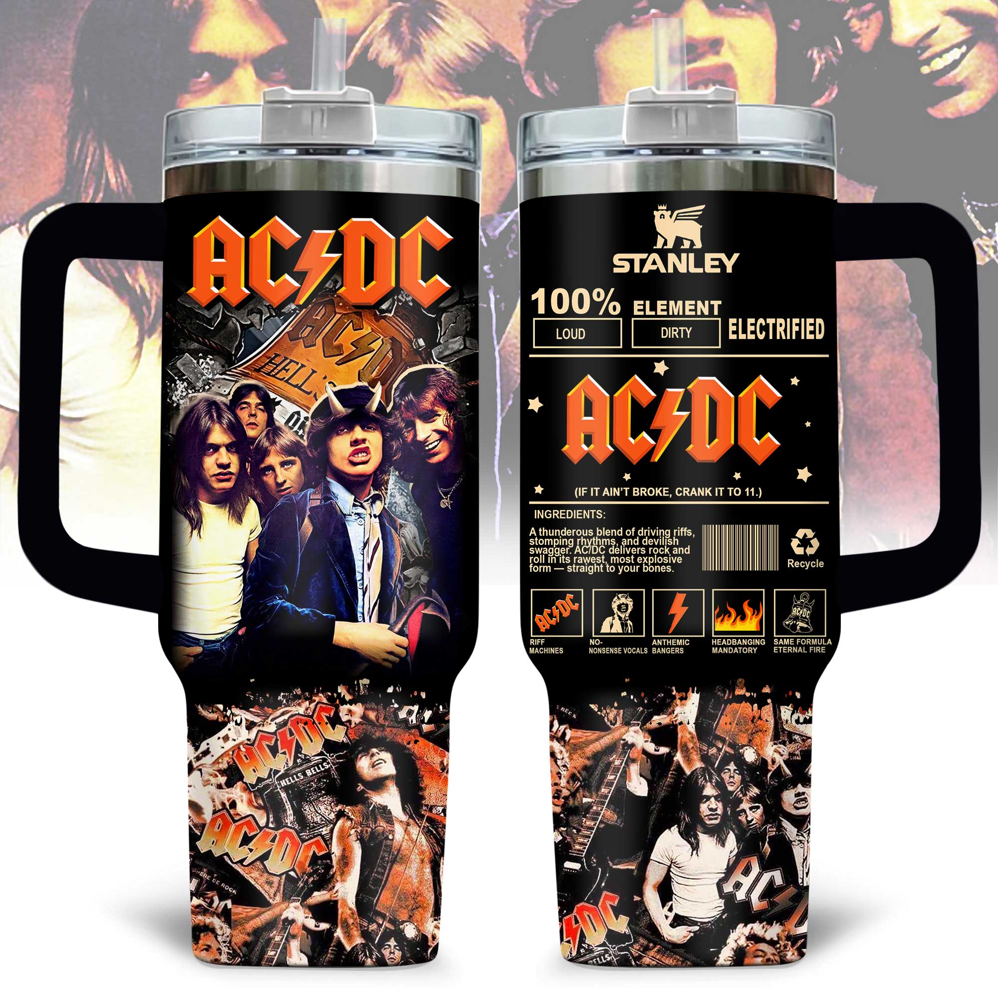 Hydratemerch AC/DC Music Custom Stanley Quencher 40oz Stainless Steel Tumbler With Handle