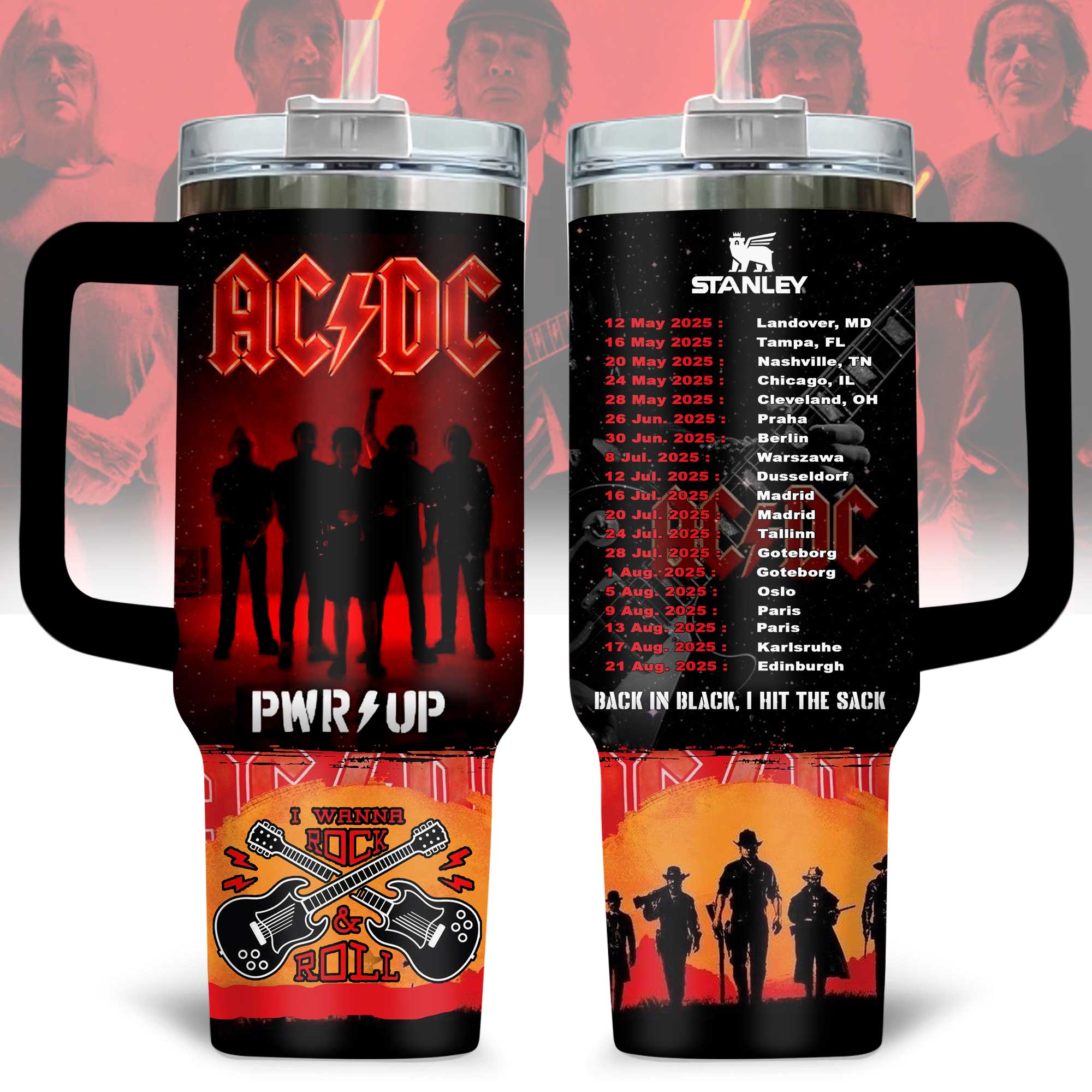 Hydratemerch AC/DC Music Custom Stanley Quencher 40oz Stainless Steel Tumbler With Handle