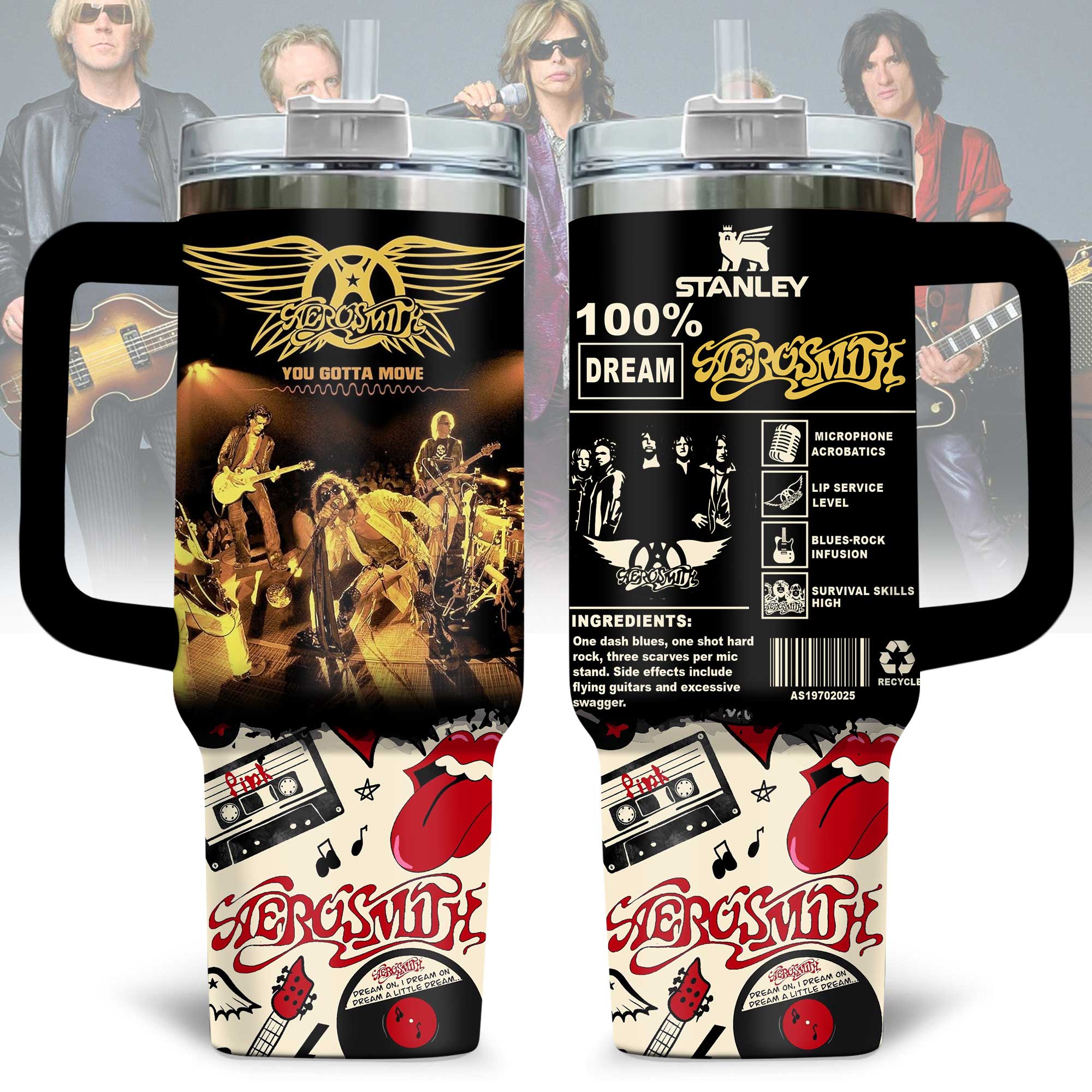 Hydratemerch Aerosmith Music Custom Stanley Quencher 40oz Stainless Steel Tumbler With Handle