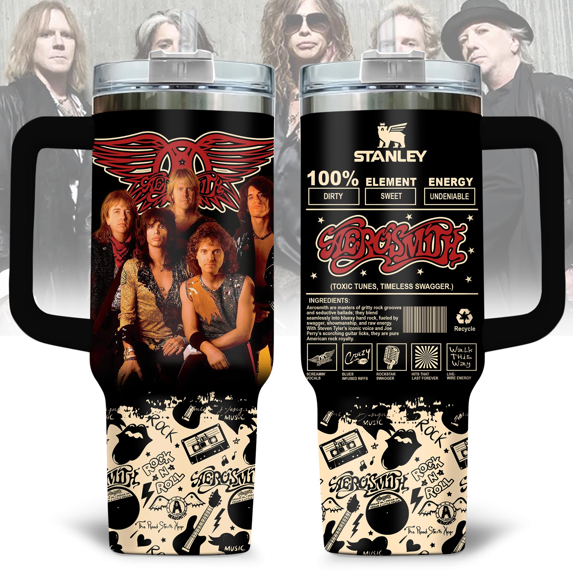 Hydratemerch Aerosmith Music Custom Stanley Quencher 40oz Stainless Steel Tumbler With Handle