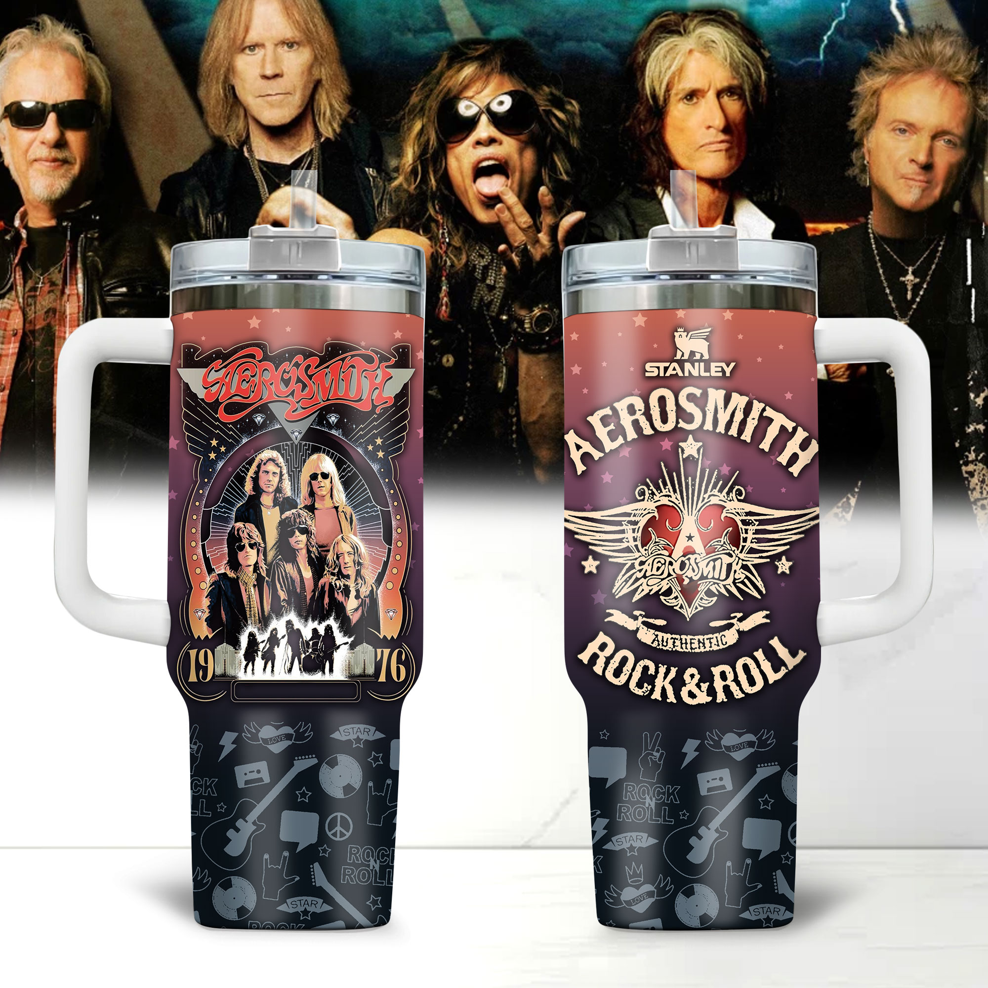 Hydratemerch Aerosmith Music Custom Stanley Quencher 40oz Stainless Steel Tumbler With Handle