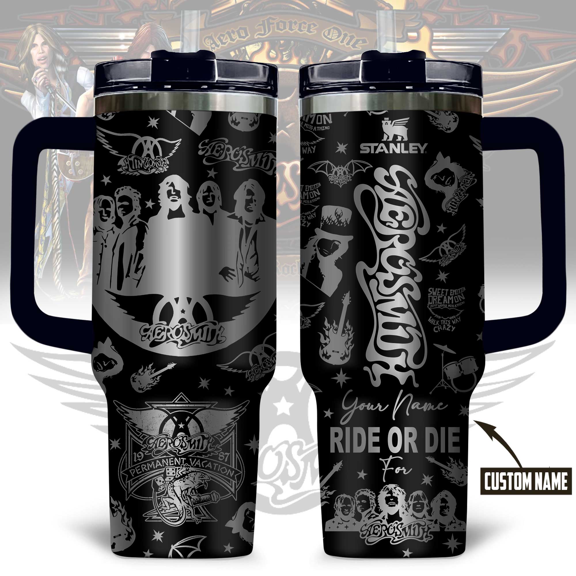 Hydratemerch Aerosmith Music Custom Stanley Quencher 40oz Stainless Steel Tumbler With Handle