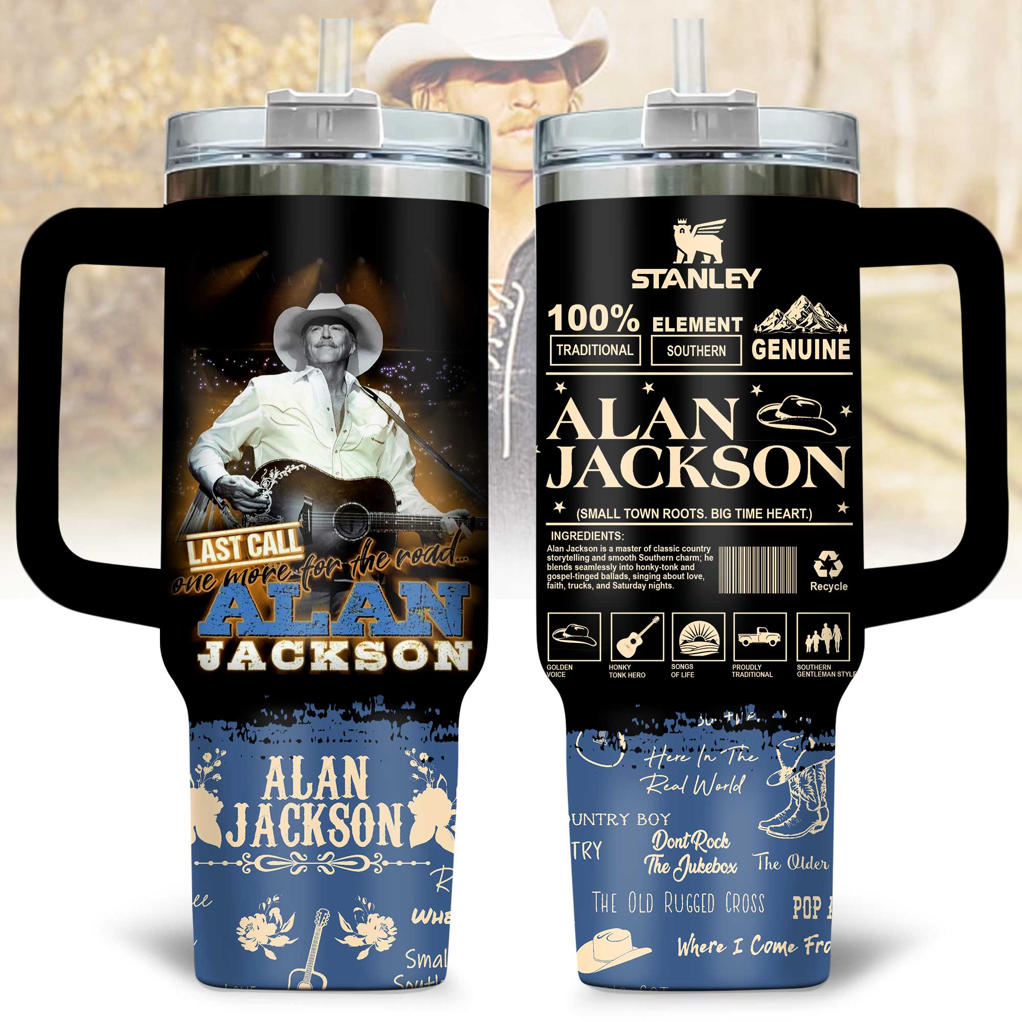 Hydratemerch Alan Jackson Music Custom Stanley Quencher 40oz Stainless Steel Tumbler With Handle