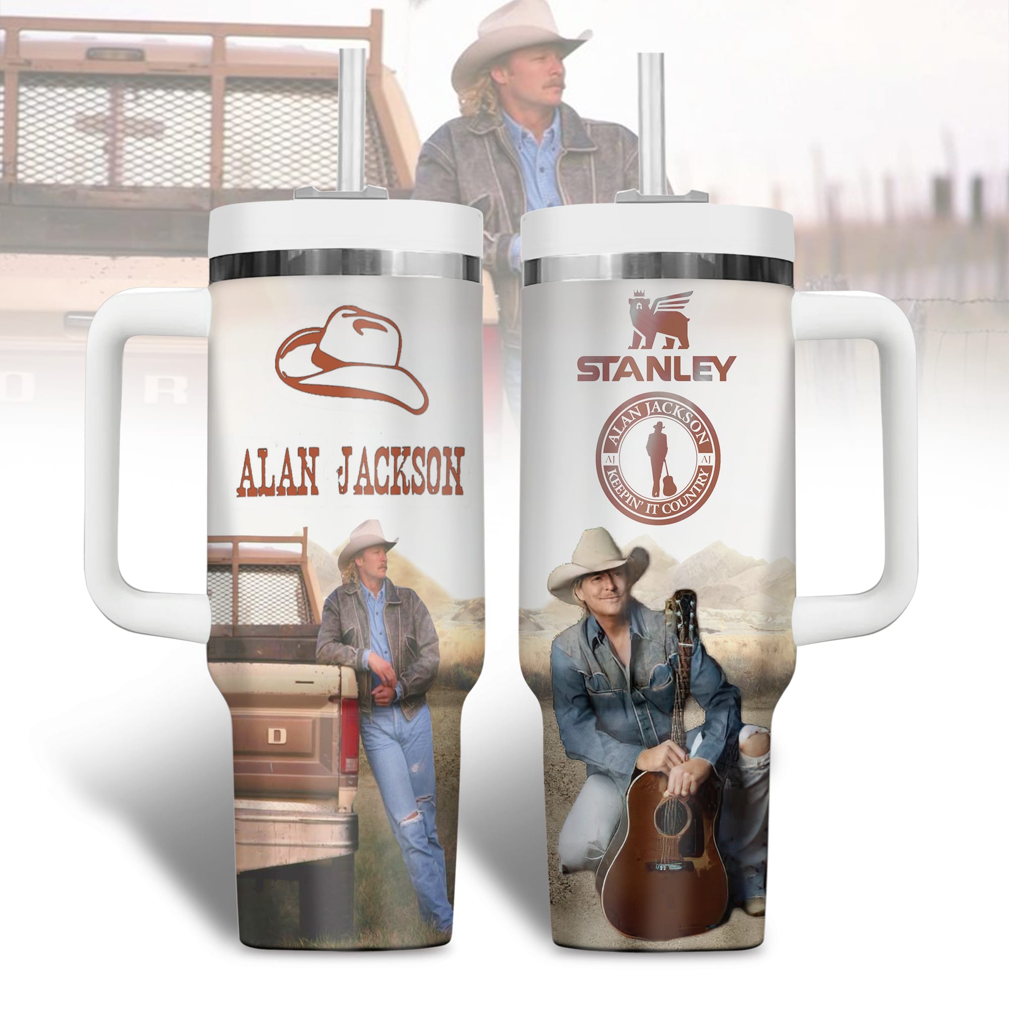 Hydratemerch Alan Jackson Music Custom Stanley Quencher 40oz Stainless Steel Tumbler With Handle