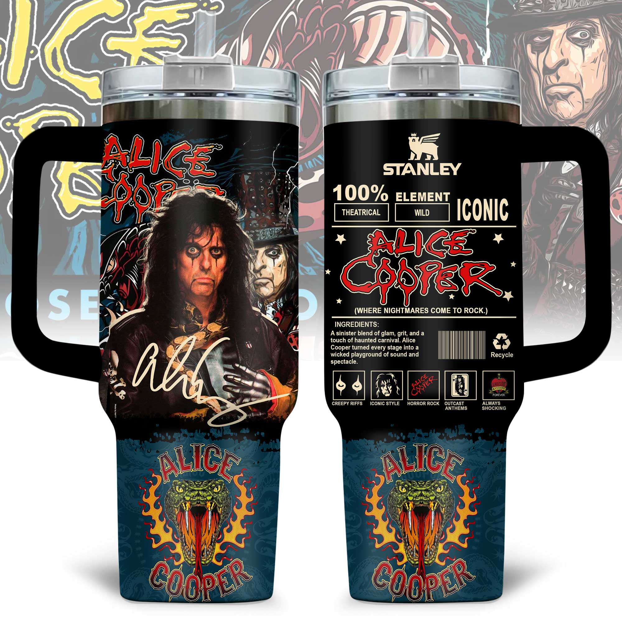 Hydratemerch Alice Cooper Music Custom Stanley Quencher 40oz Stainless Steel Tumbler With Handle