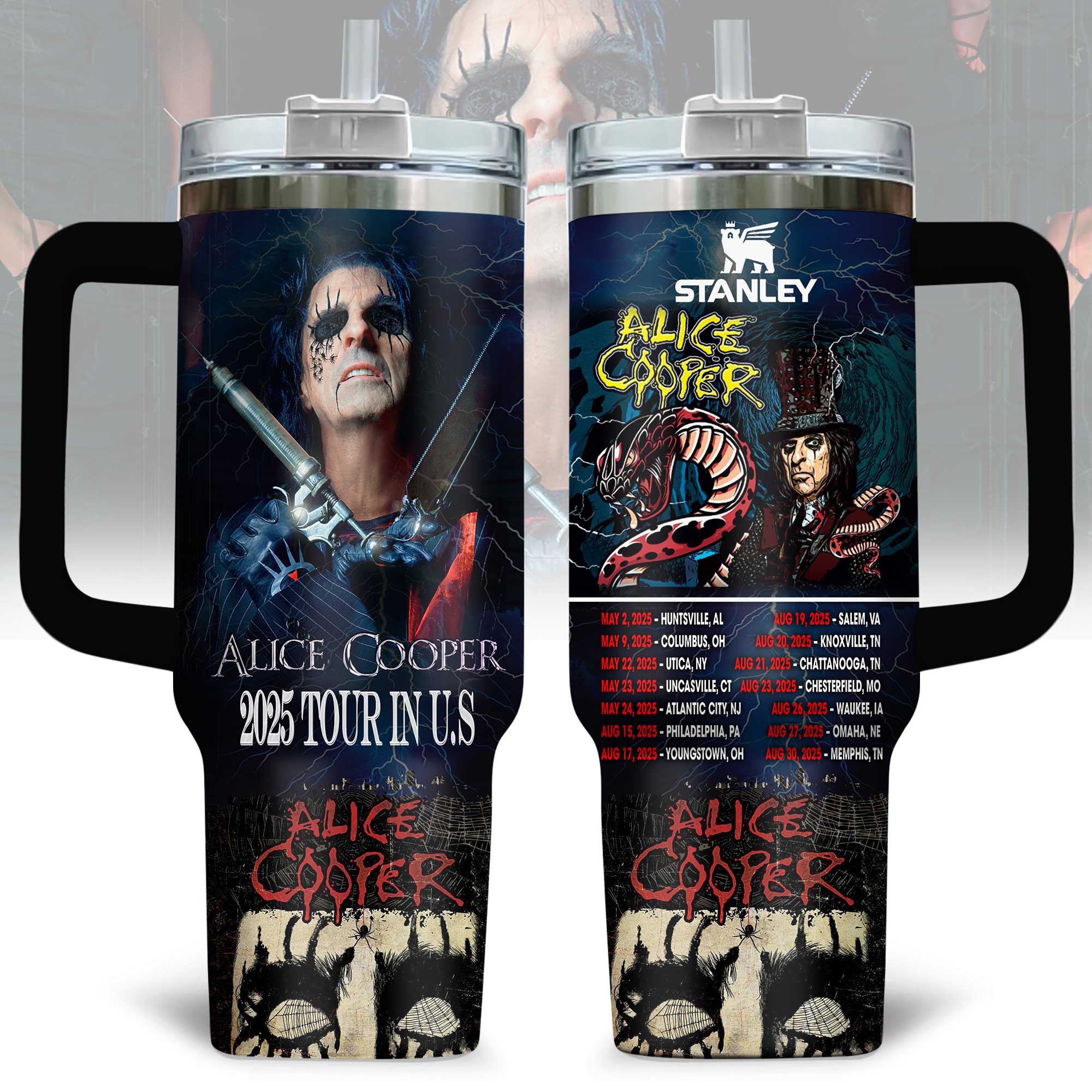 Hydratemerch Alice Cooper Music Custom Stanley Quencher 40oz Stainless Steel Tumbler With Handle