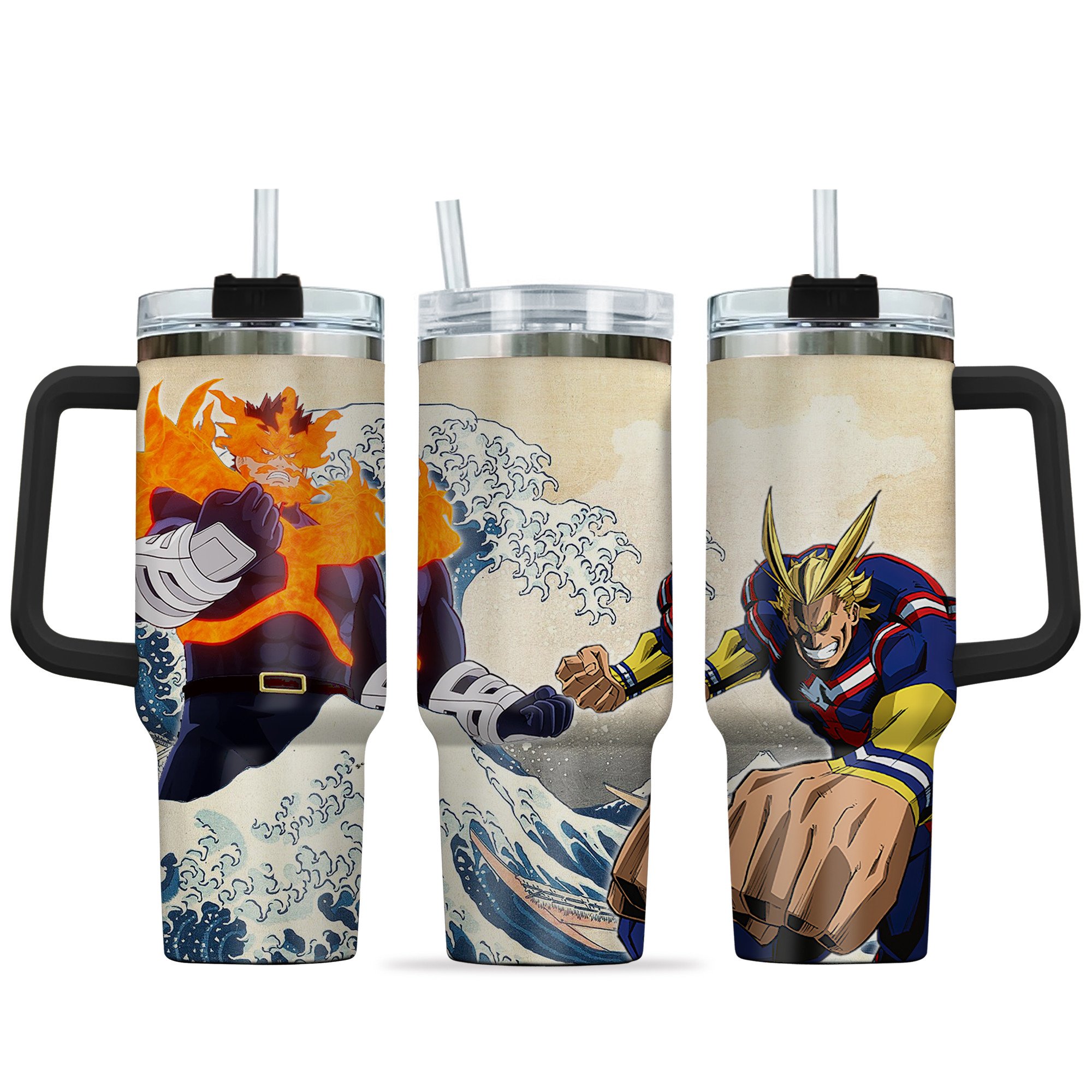 Hydratemerch All Might x Endeavor My Hero Academia Anime Custom Stanley Quencher 40oz Stainless Steel Tumbler With Handle