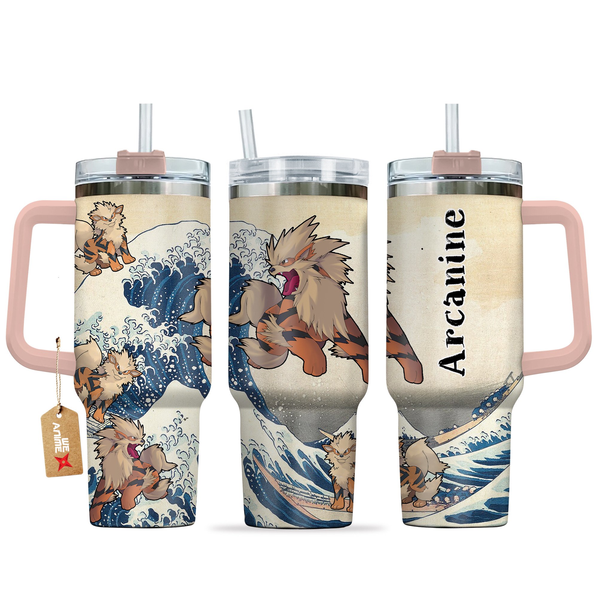 Hydratemerch Arcanine Pokemon Anime Custom Stanley Quencher 40oz Stainless Steel Tumbler With Handle