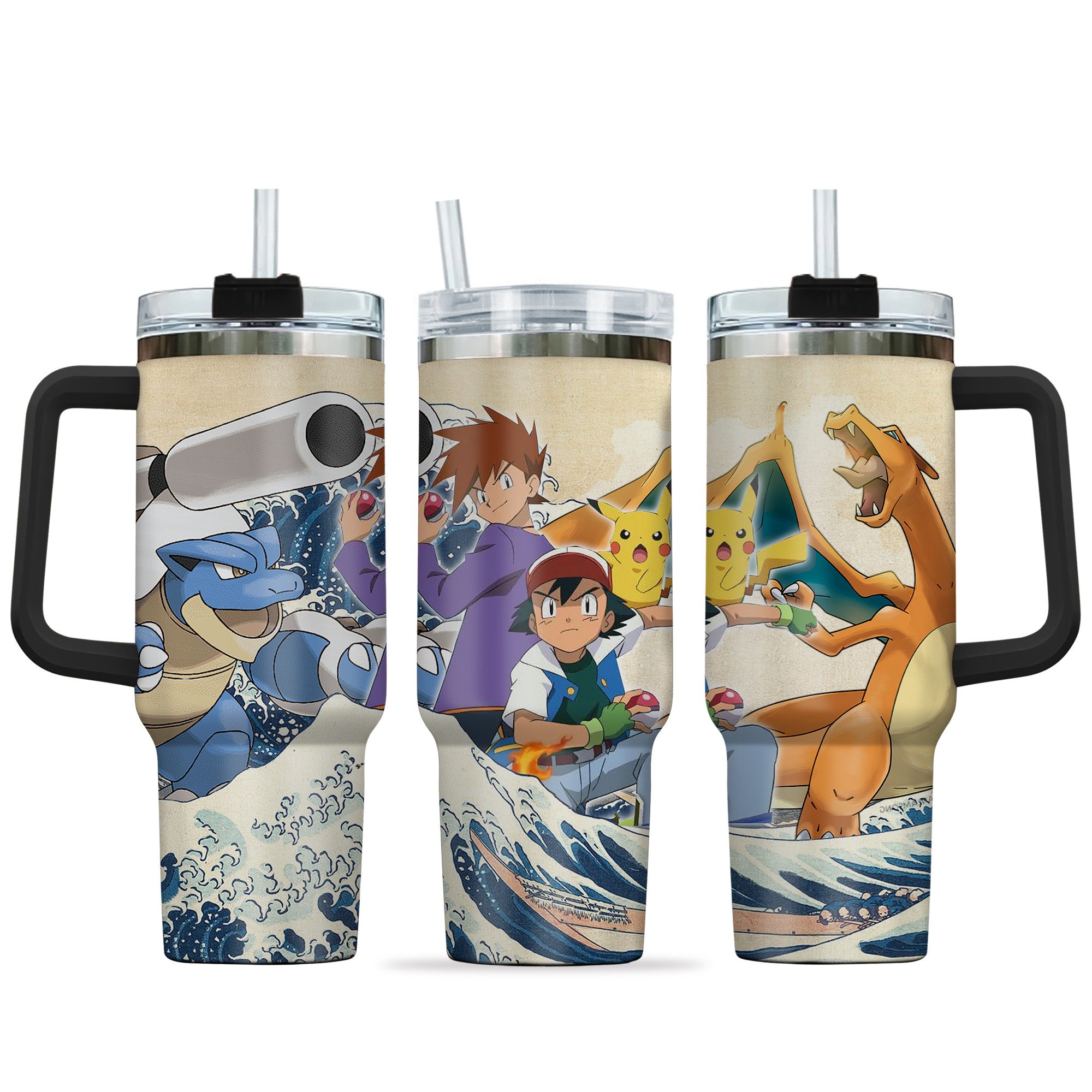 Hydratemerch Ash x Gary Pokemon Anime Custom Stanley Quencher 40oz Stainless Steel Tumbler With Handle