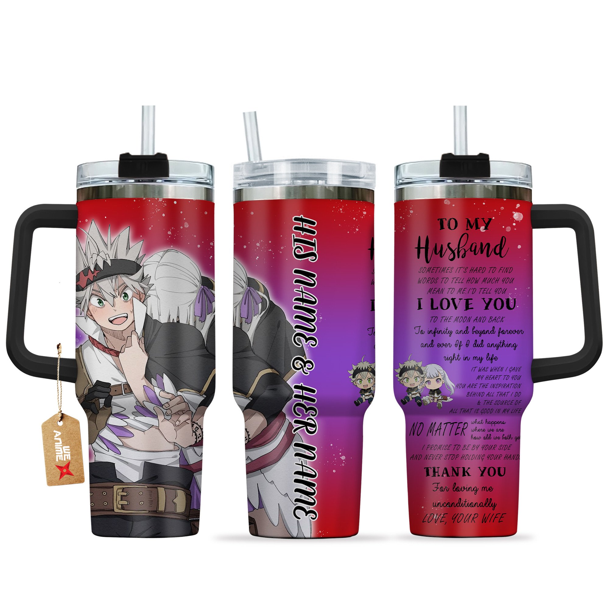 Hydratemerch Asta & Noelle Silva Black Clover Anime Valentine Custom Stanley Quencher 40oz Stainless Steel Tumbler With Handle