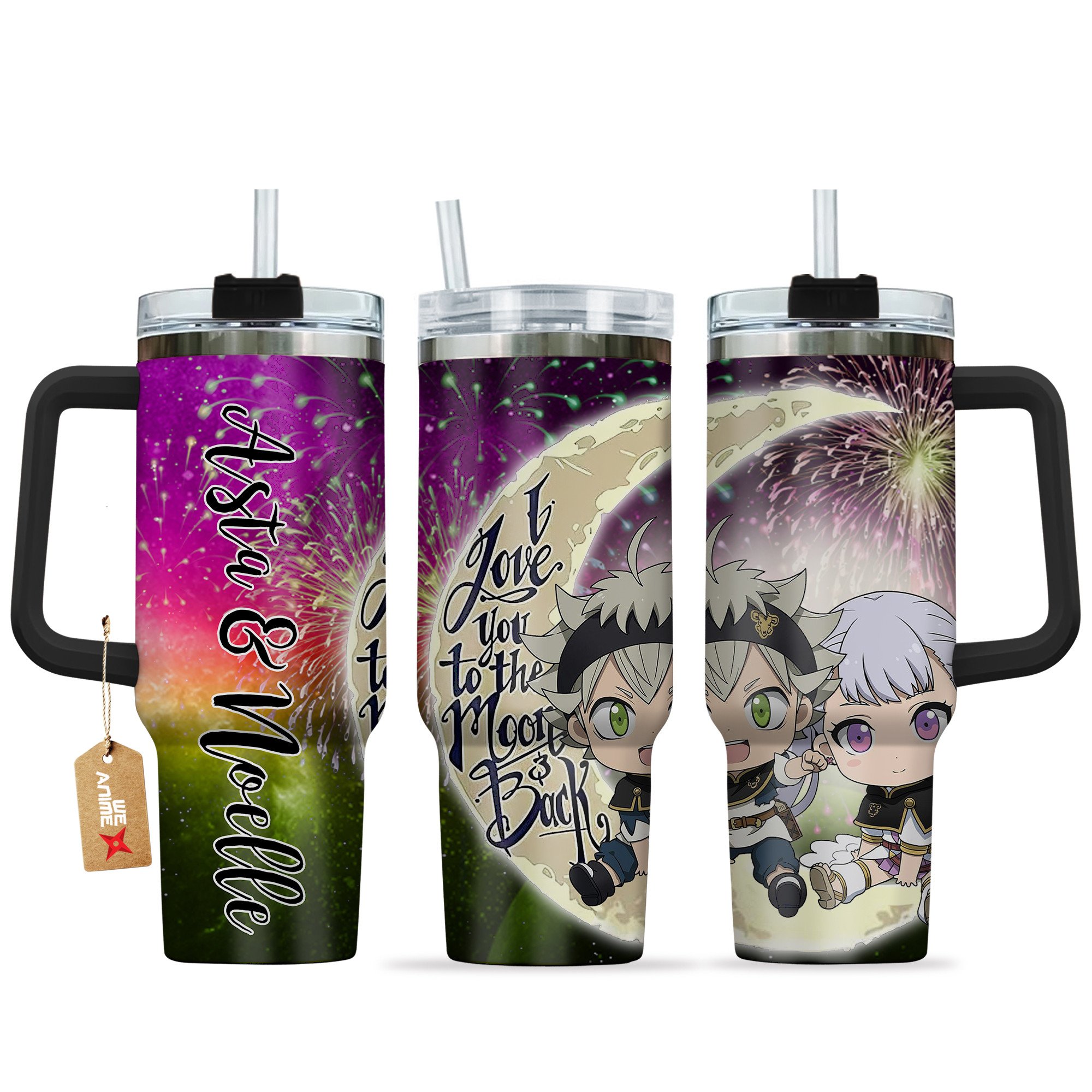 Hydratemerch Asta & Noelle Silva Black Clover Anime Valentine Custom Stanley Quencher 40oz Stainless Steel Tumbler With Handle