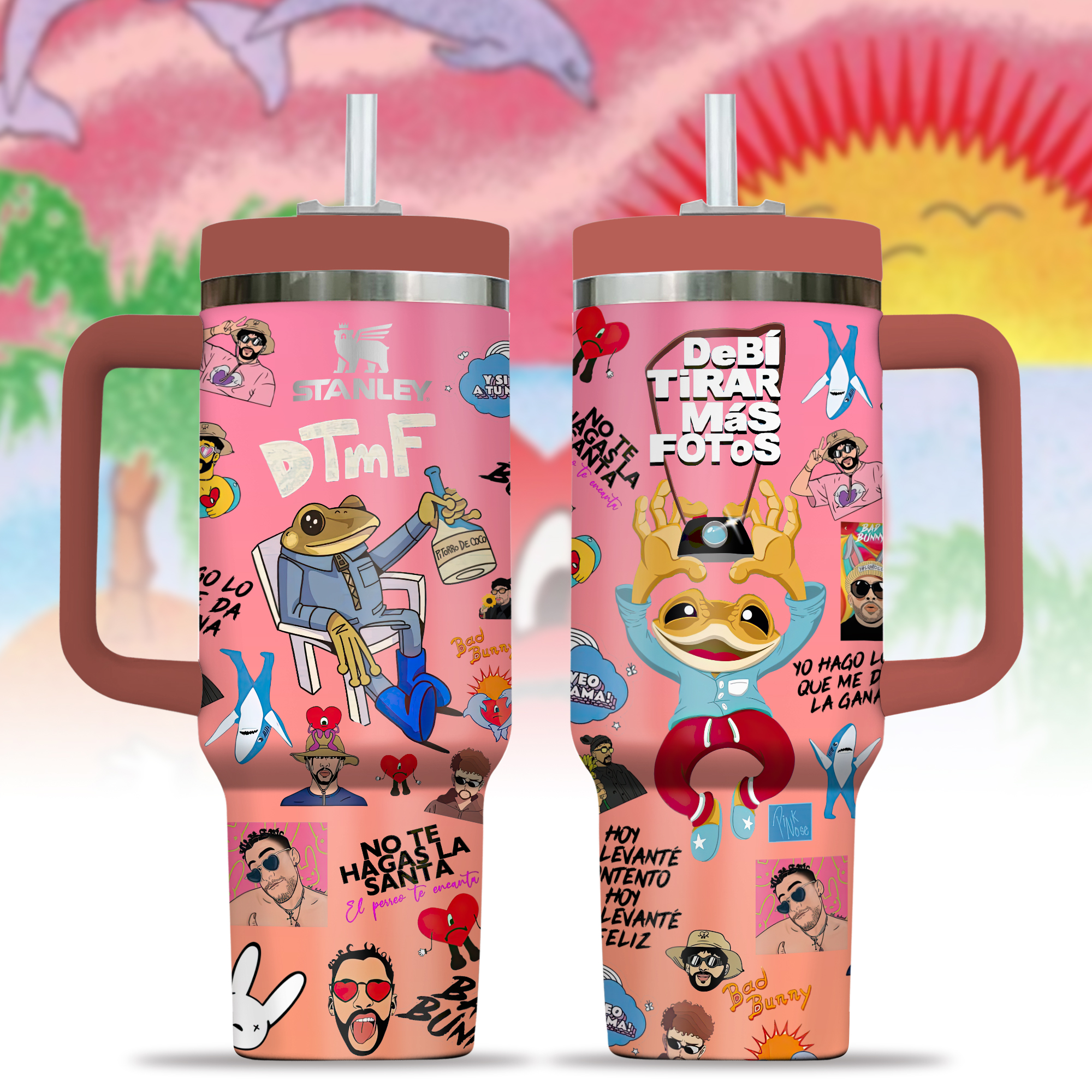 Hydratemerch Bad Bunny Music Custom Stanley Quencher 40oz Stainless Steel Tumbler With Handle