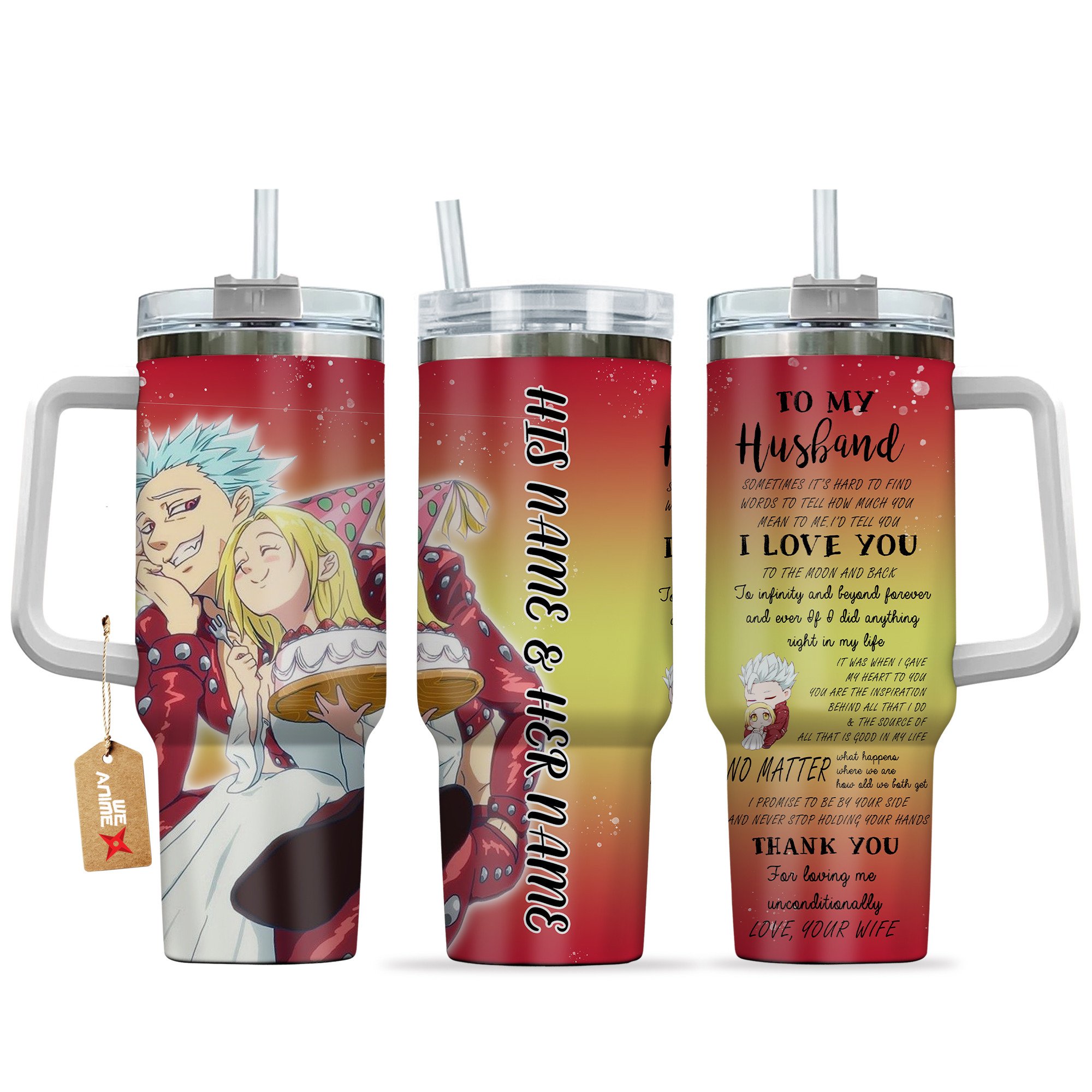 Hydratemerch Ban & Elaine The Seven Deadly Sins Anime Valentine Custom Stanley Quencher 40oz Stainless Steel Tumbler With Handle