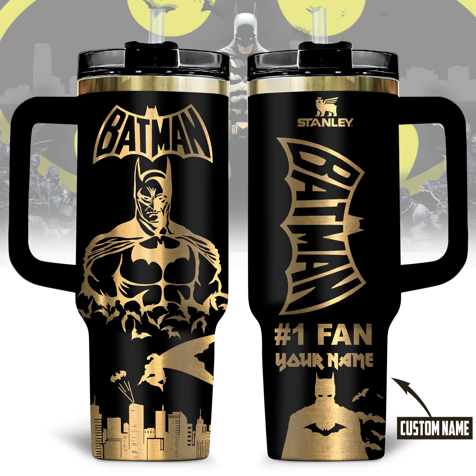 Hydratemerch Batman Movies Custom Stanley Quencher 40oz Stainless Steel Tumbler With Handle
