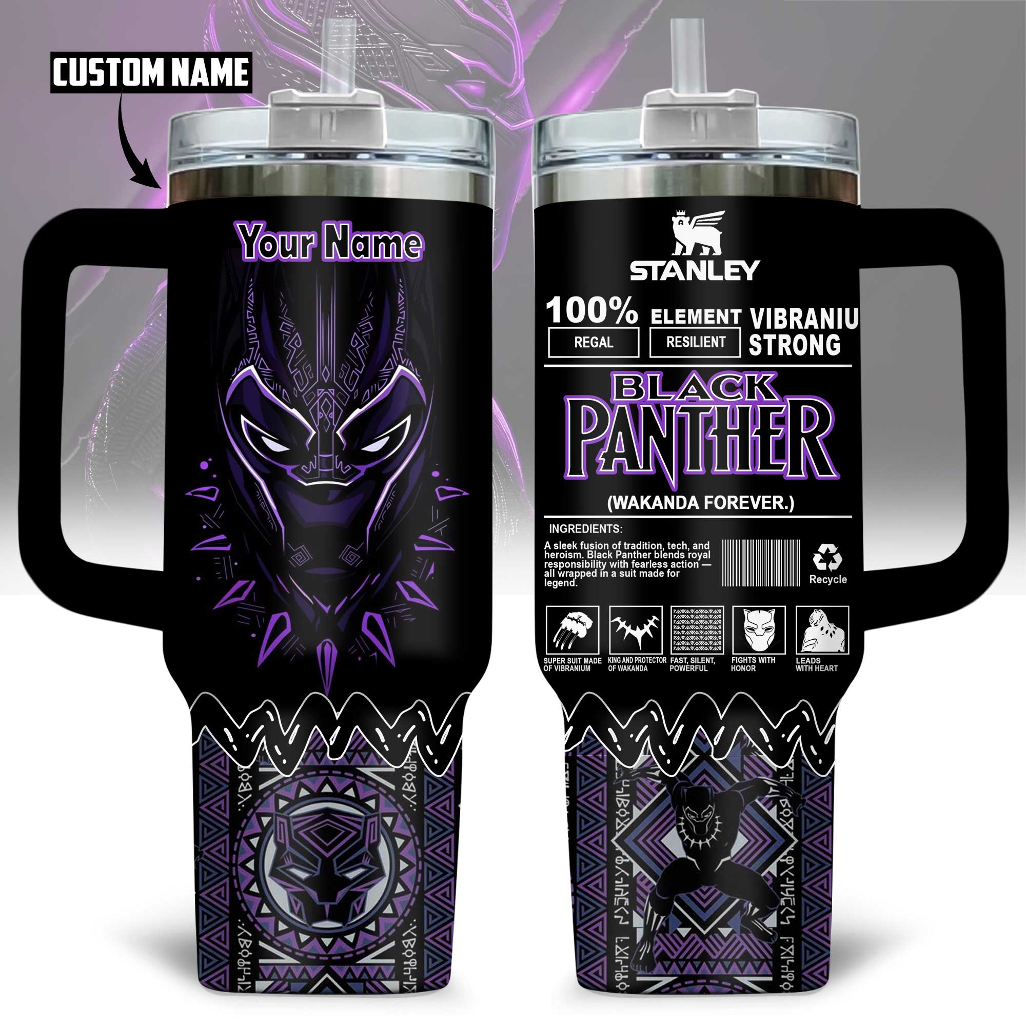 Hydratemerch Black Panther Movies Custom Stanley Quencher 40oz Stainless Steel Tumbler With Handle
