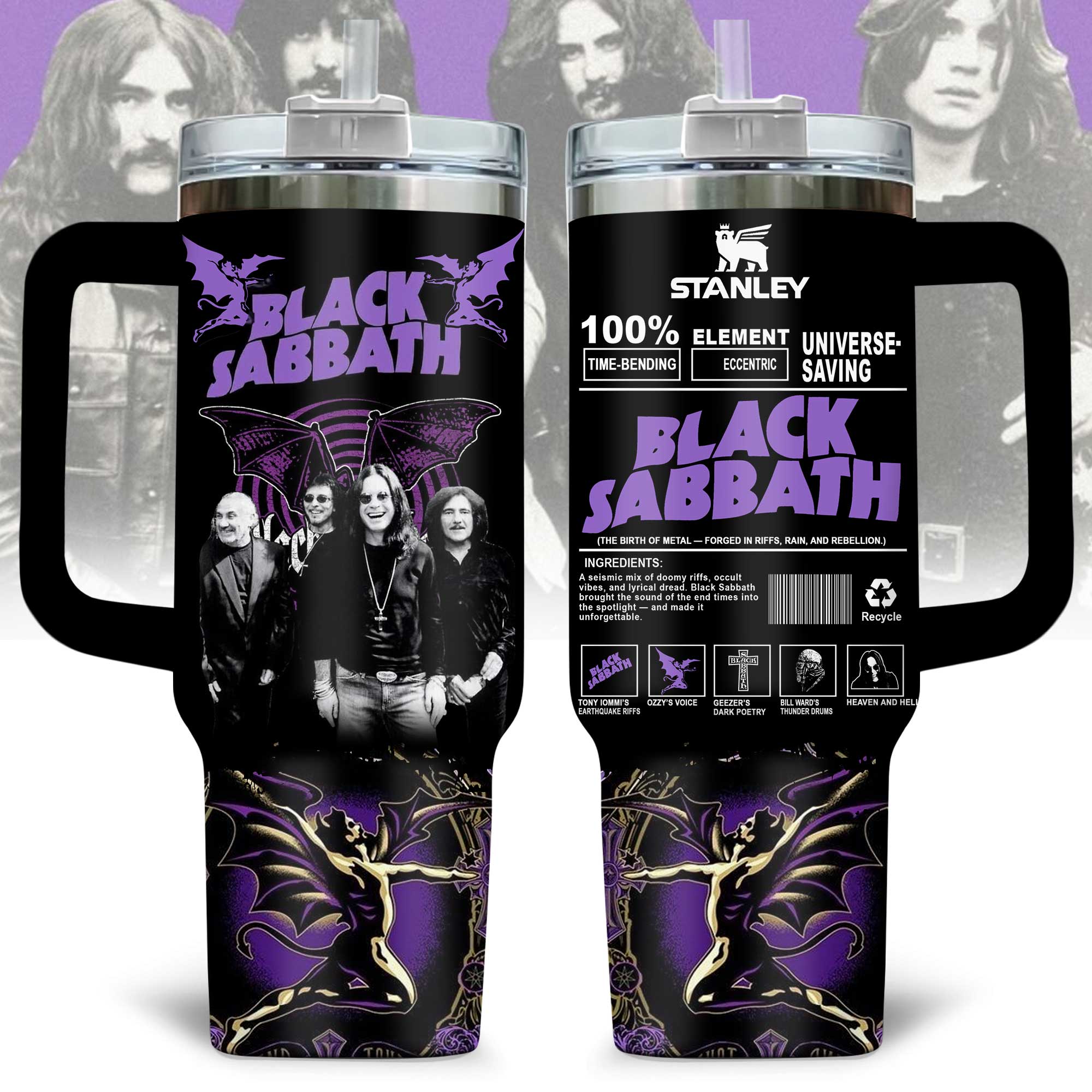 Hydratemerch Black Sabbath Music Custom Stanley Quencher 40oz Stainless Steel Tumbler With Handle