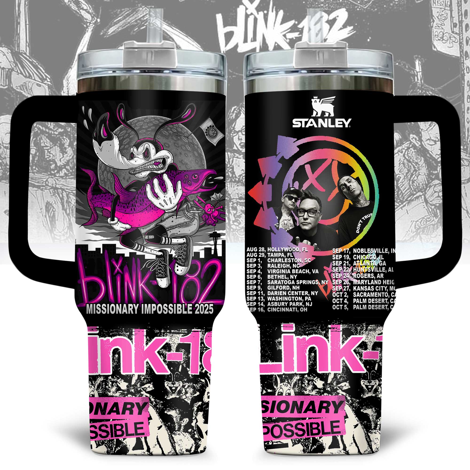 Hydratemerch Blink-182 Music Custom Stanley Quencher 40oz Stainless Steel Tumbler With Handle
