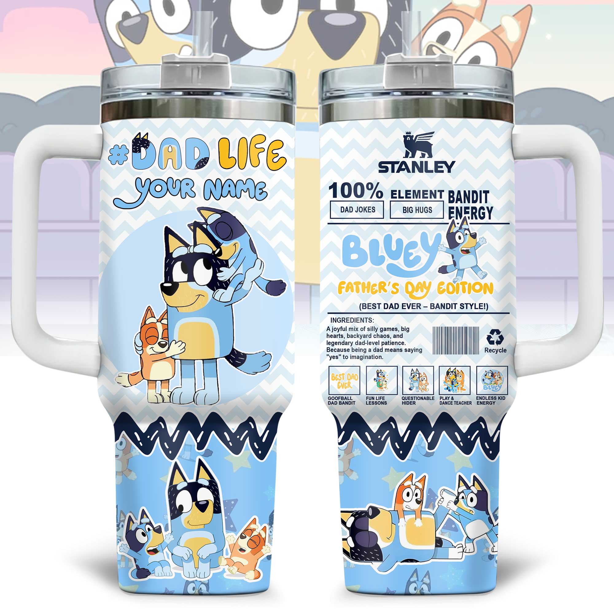 Hydratemerch Bluey Cartoon Custom Stanley Quencher 40oz Stainless Steel Tumbler With Handle