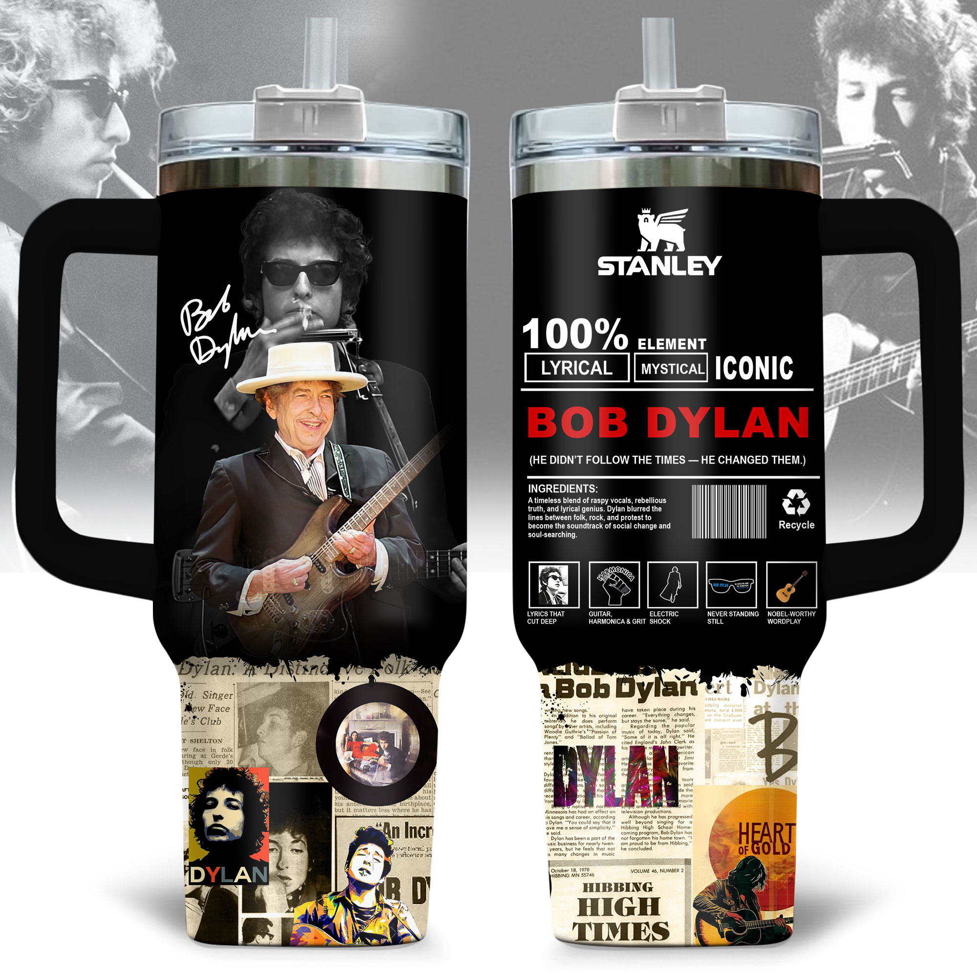 Hydratemerch Bob Dylan Music Custom Stanley Quencher 40oz Stainless Steel Tumbler With Handle