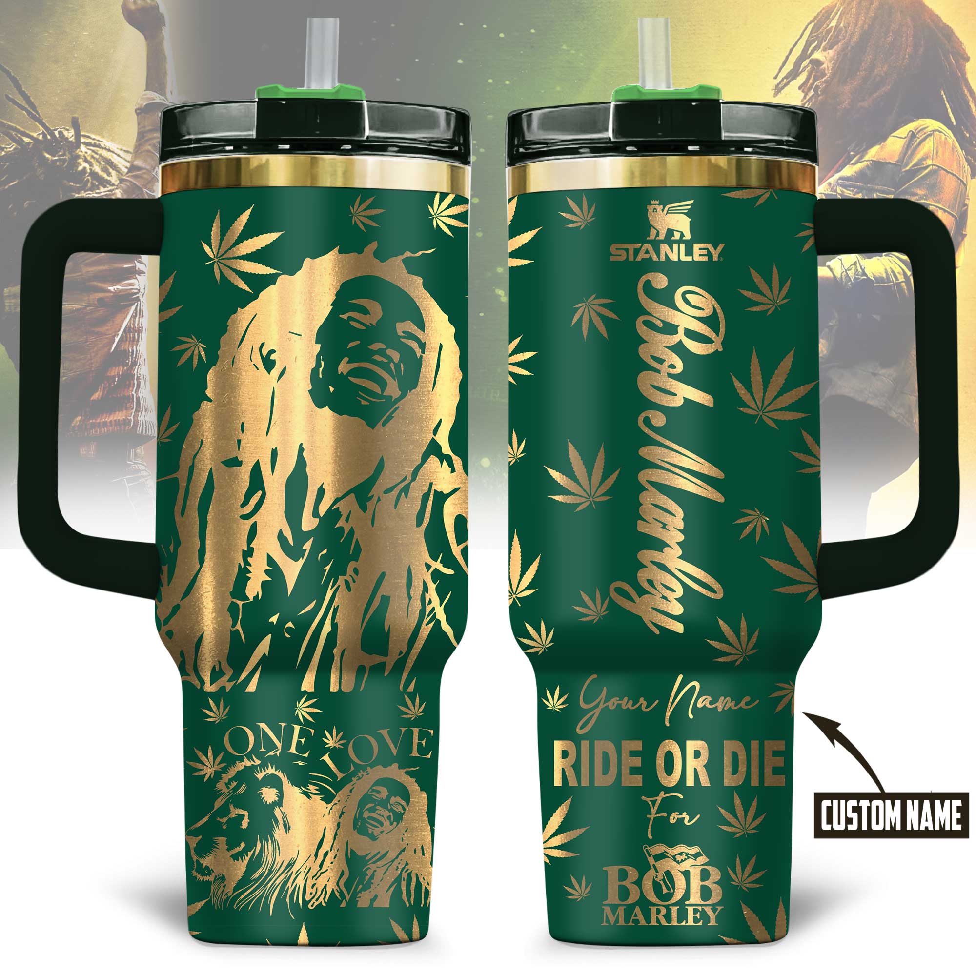 Hydratemerch Bob Marley Music Custom Stanley Quencher 40oz Stainless Steel Tumbler With Handle