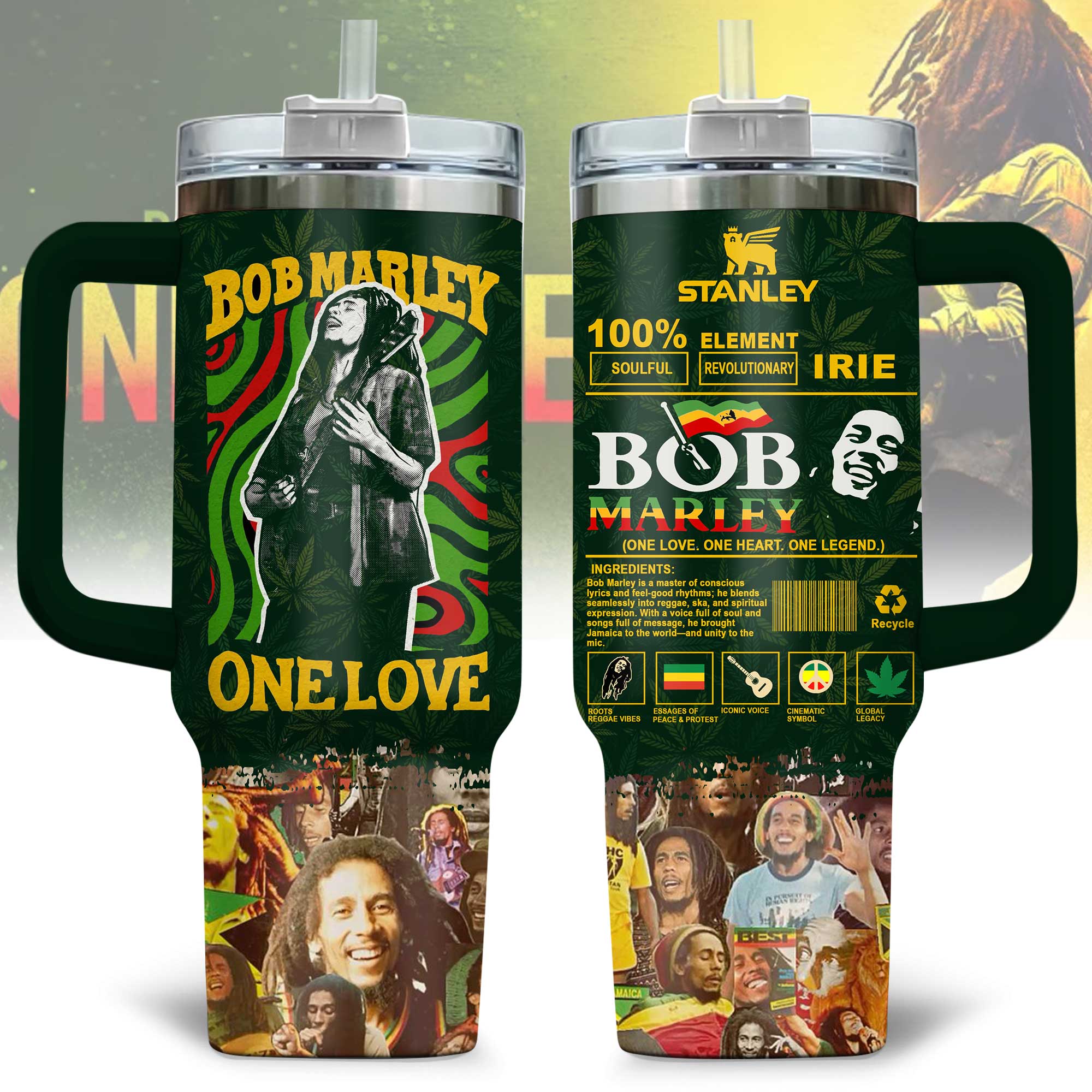 Hydratemerch Bob Marley Music Custom Stanley Quencher 40oz Stainless Steel Tumbler With Handle