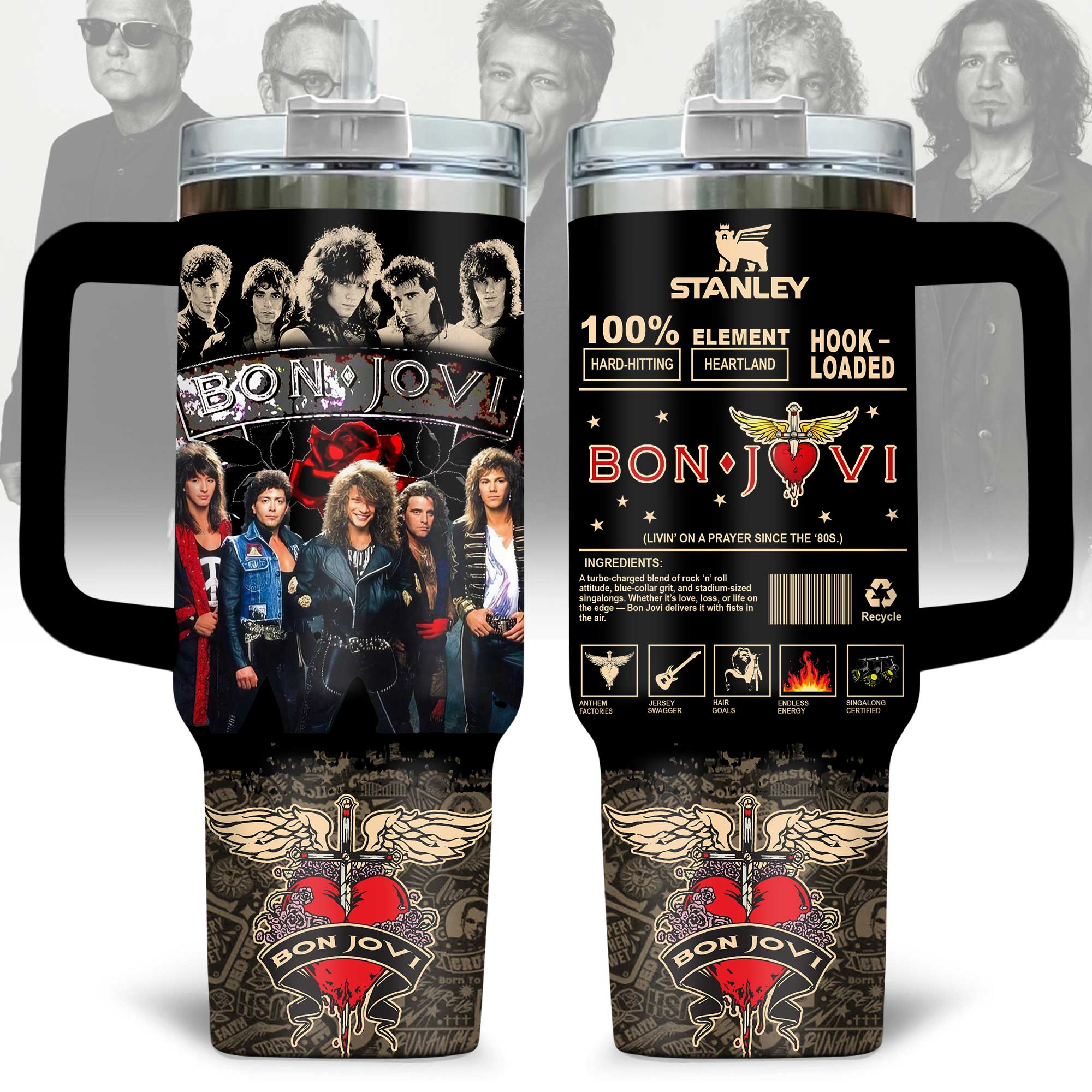 Hydratemerch Bon Jovi Music Custom Stanley Quencher 40oz Stainless Steel Tumbler With Handle