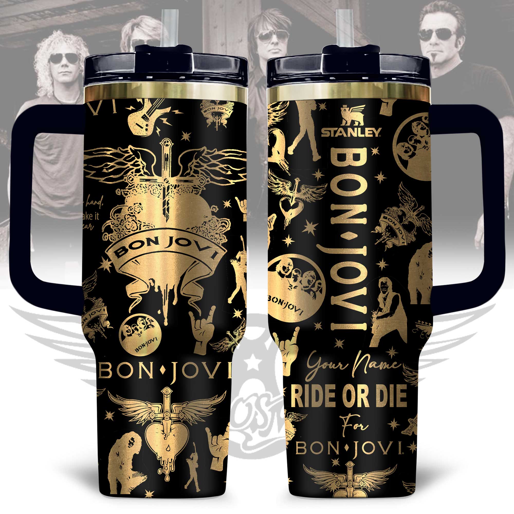 Hydratemerch Bon Jovi Music Custom Stanley Quencher 40oz Stainless Steel Tumbler With Handle