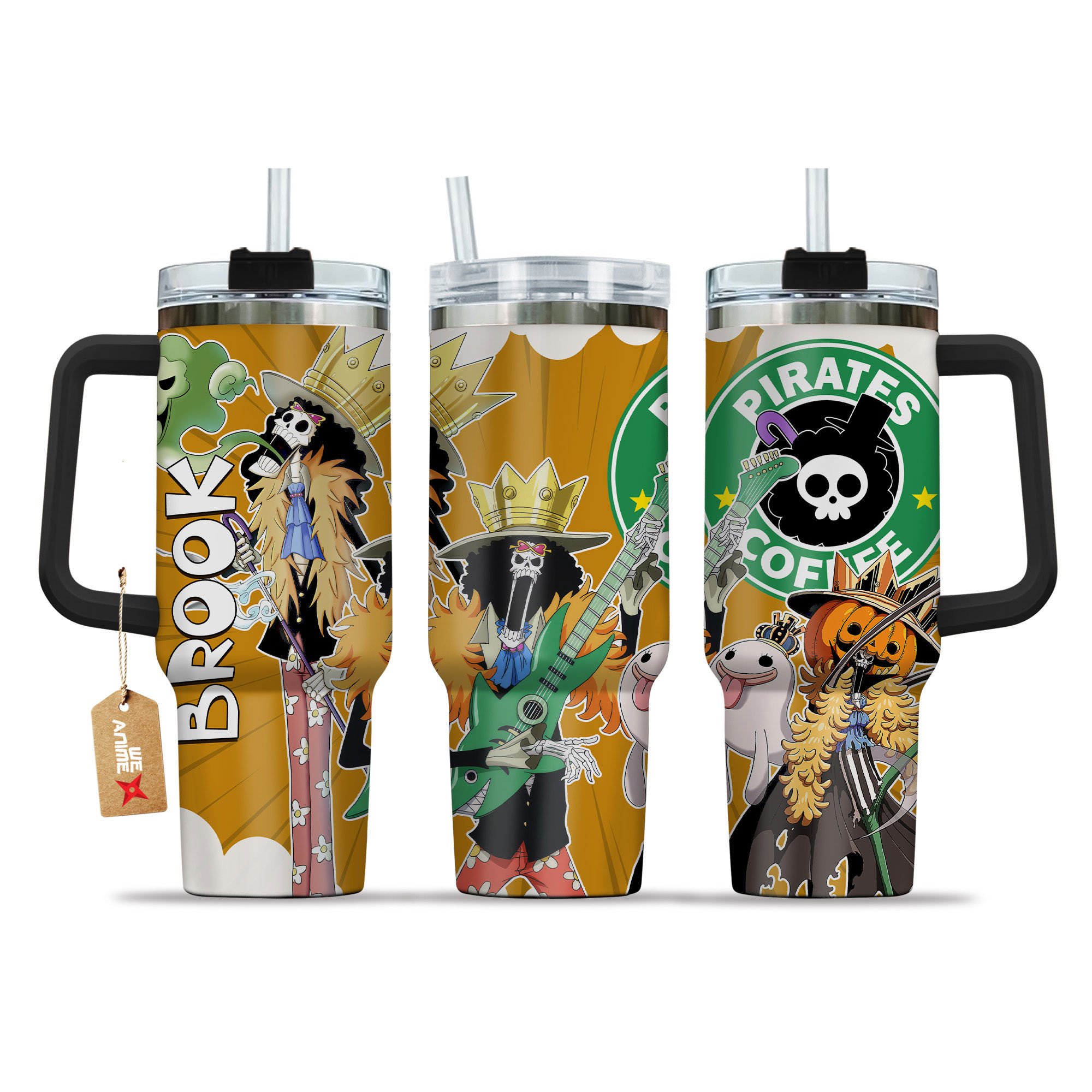 Hydratemerch Brook One Piece Anime Custom Stanley Quencher 40oz Stainless Steel Tumbler With Handle