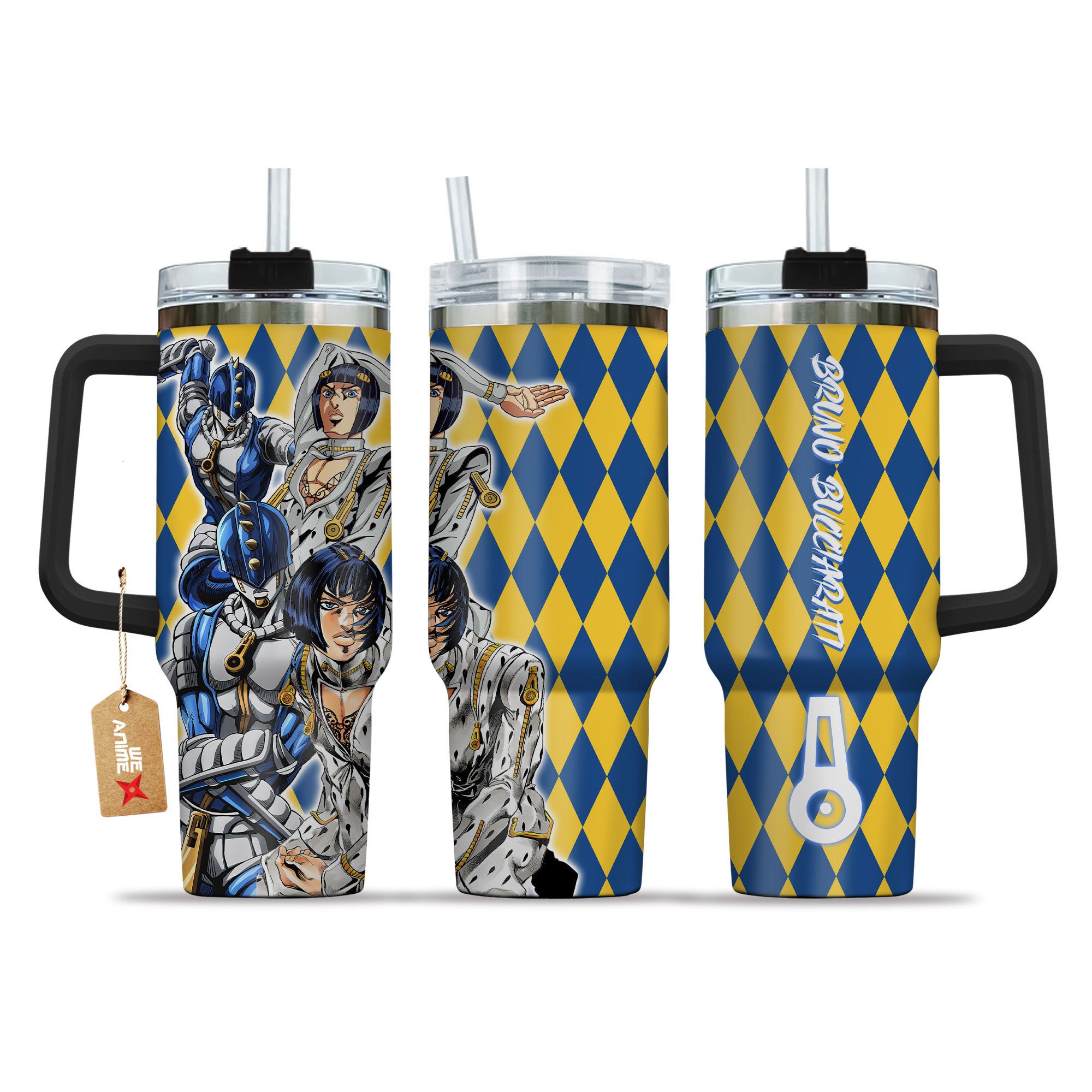 Hydratemerch Bruno Bucciarati JoJo's Bizarre Anime Custom Stanley Quencher 40oz Stainless Steel Tumbler With Handle