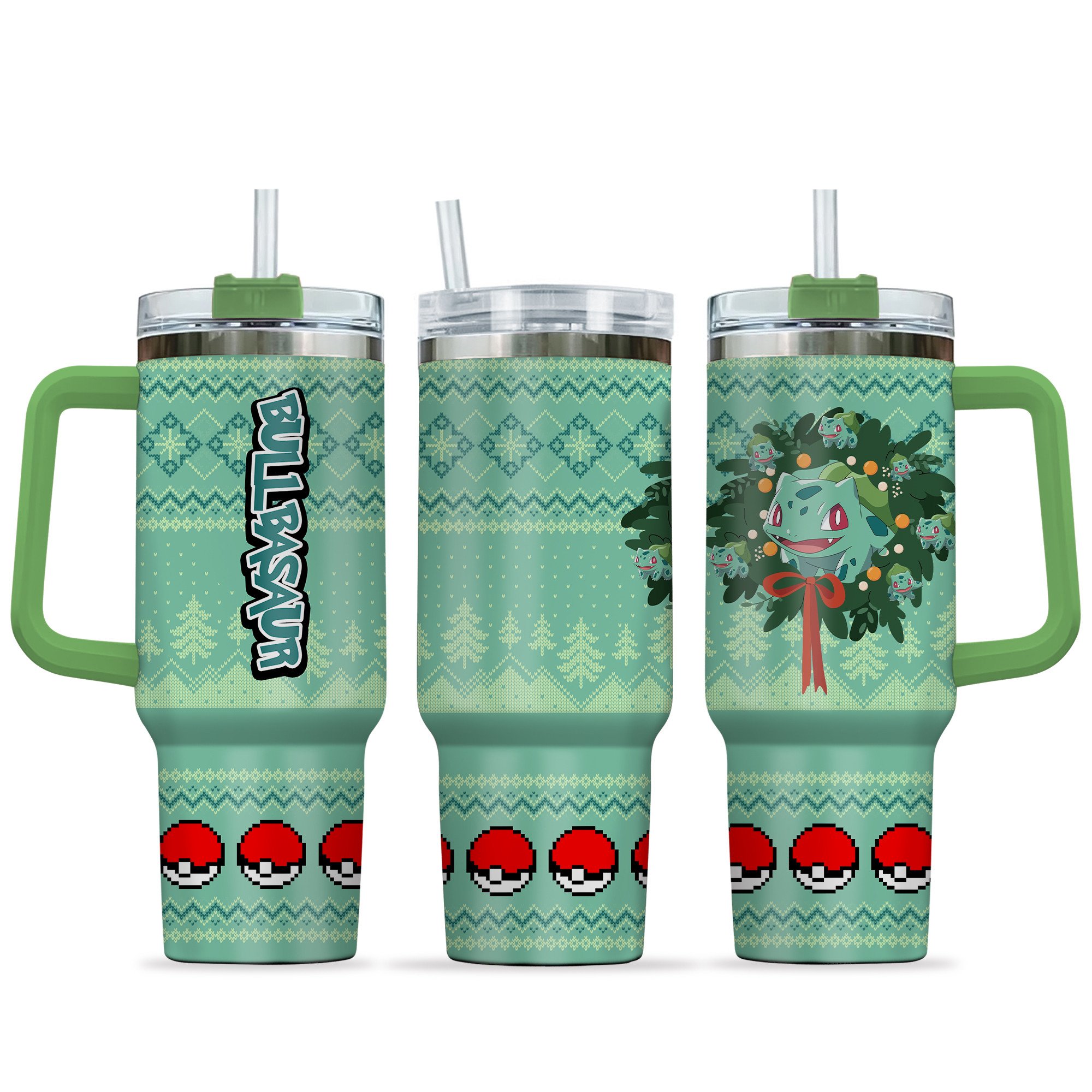 Hydratemerch Bulbasaur Pokemon Anime Custom Stanley Quencher 40oz Stainless Steel Tumbler With Handle