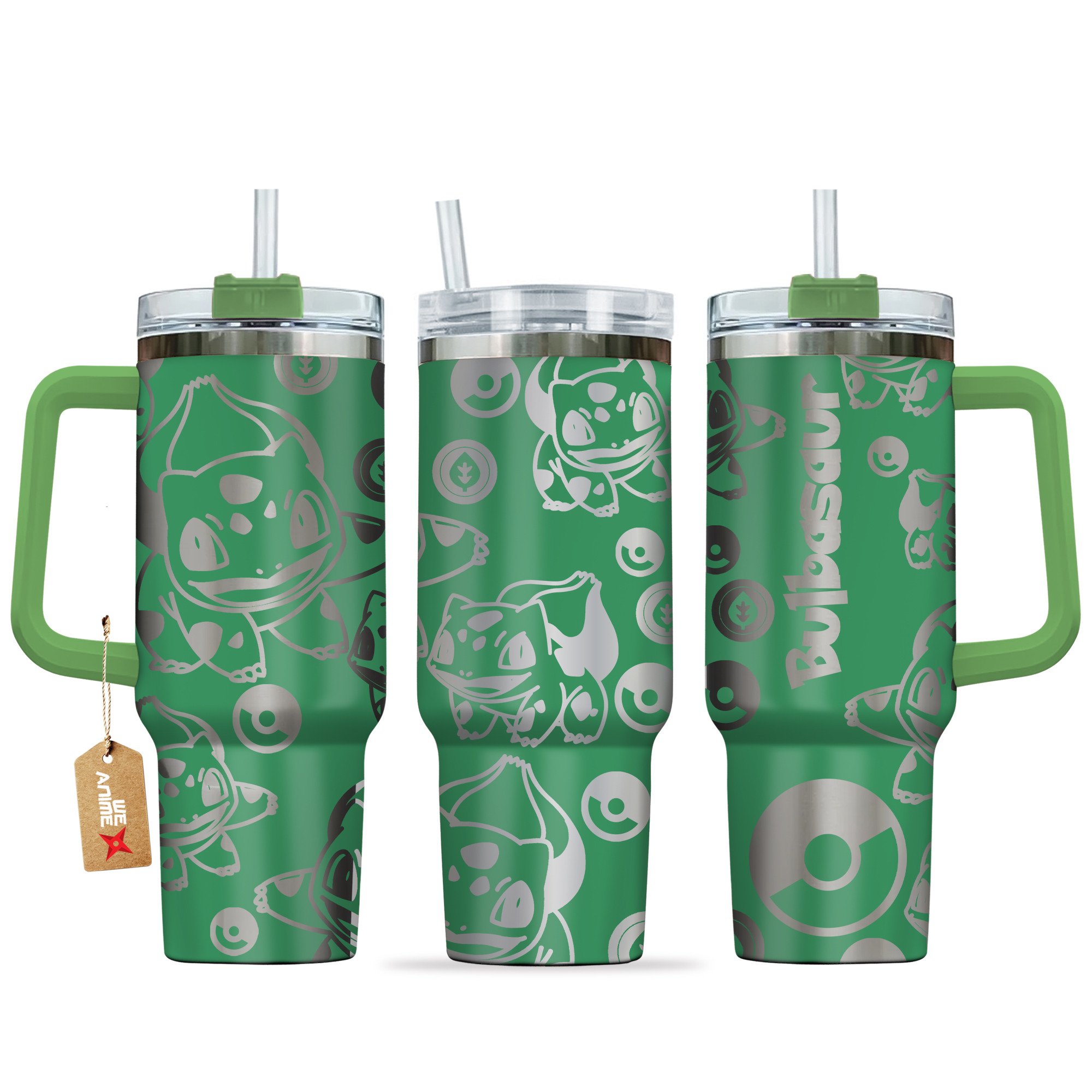 Hydratemerch Bulbasaur Pokemon Anime Custom Stanley Quencher 40oz Stainless Steel Tumbler With Handle