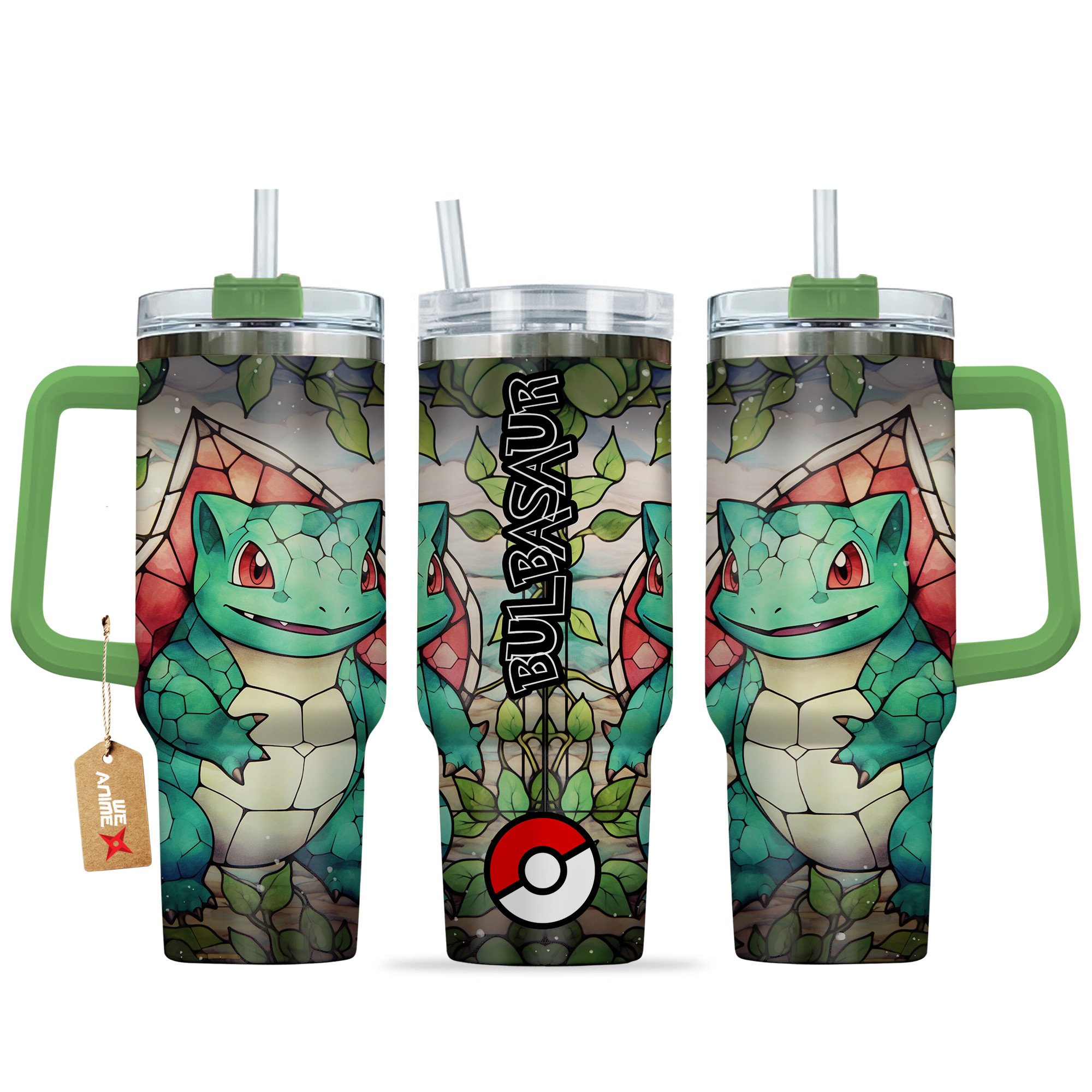 Hydratemerch Bulbasaur Pokemon Anime Custom Stanley Quencher 40oz Stainless Steel Tumbler With Handle