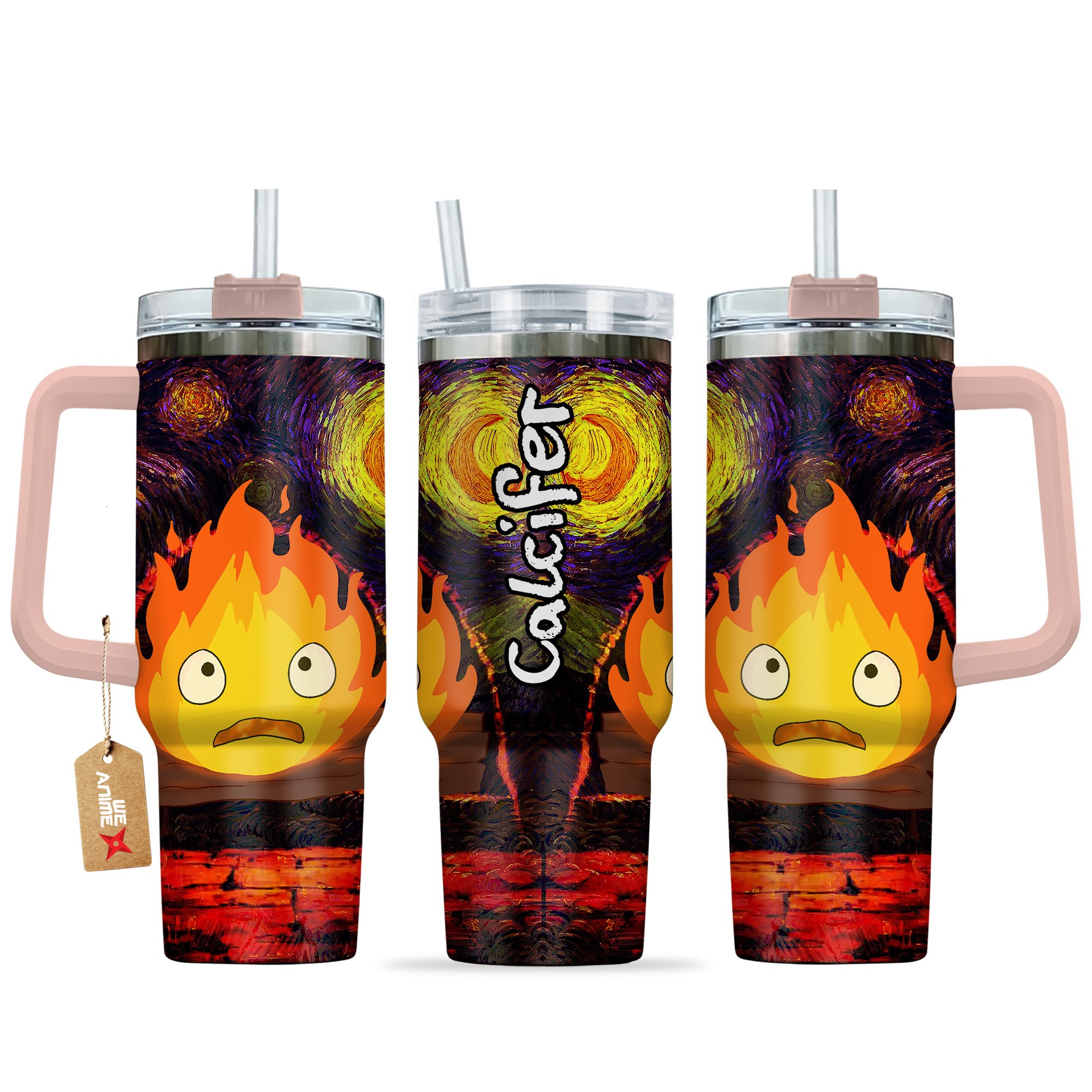 Hydratemerch Calcifer Howl's Moving Castle Anime Custom Stanley Quencher 40oz Stainless Steel Tumbler With Handle