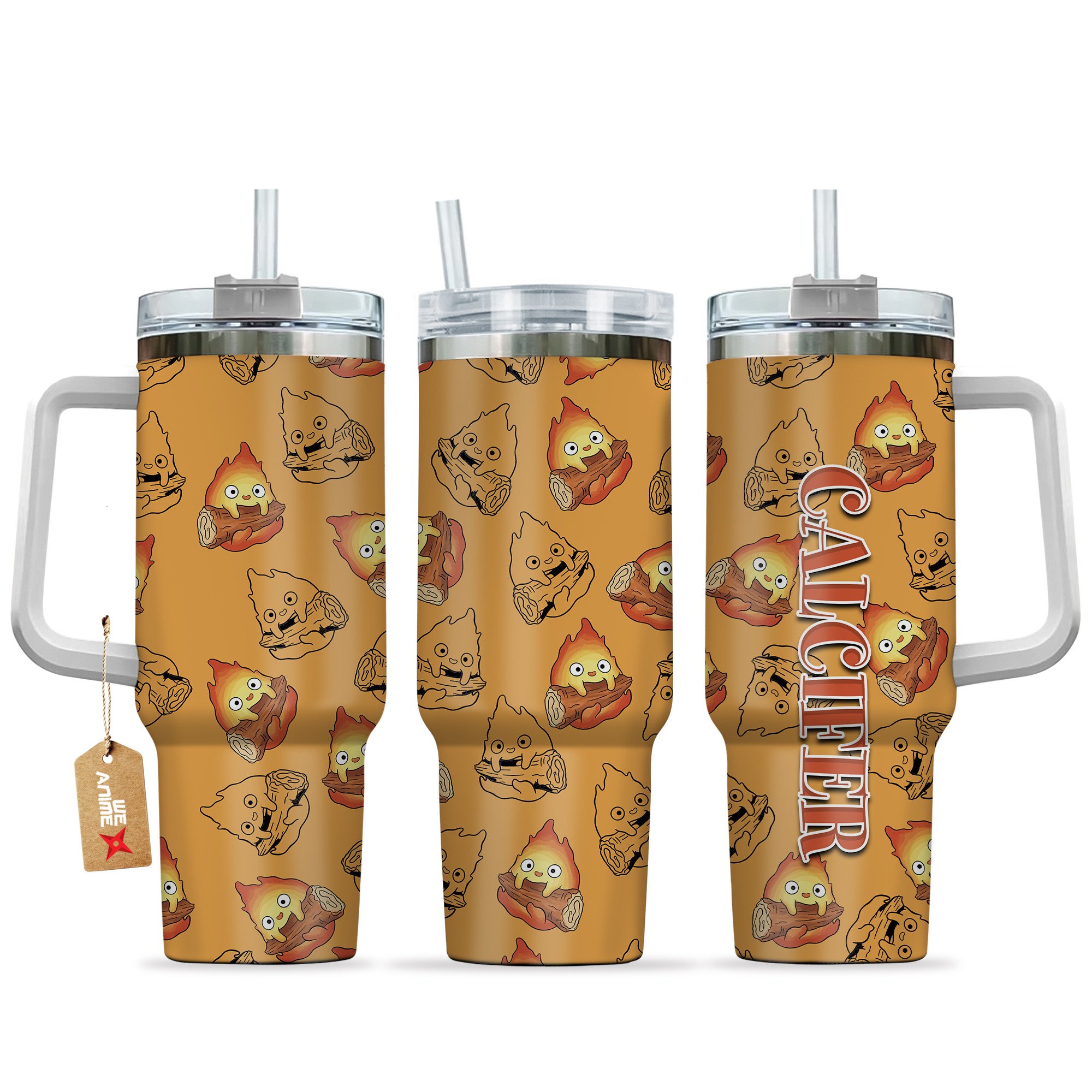 Hydratemerch Calcifer Howl's Moving Castle Anime Custom Stanley Quencher 40oz Stainless Steel Tumbler With Handle