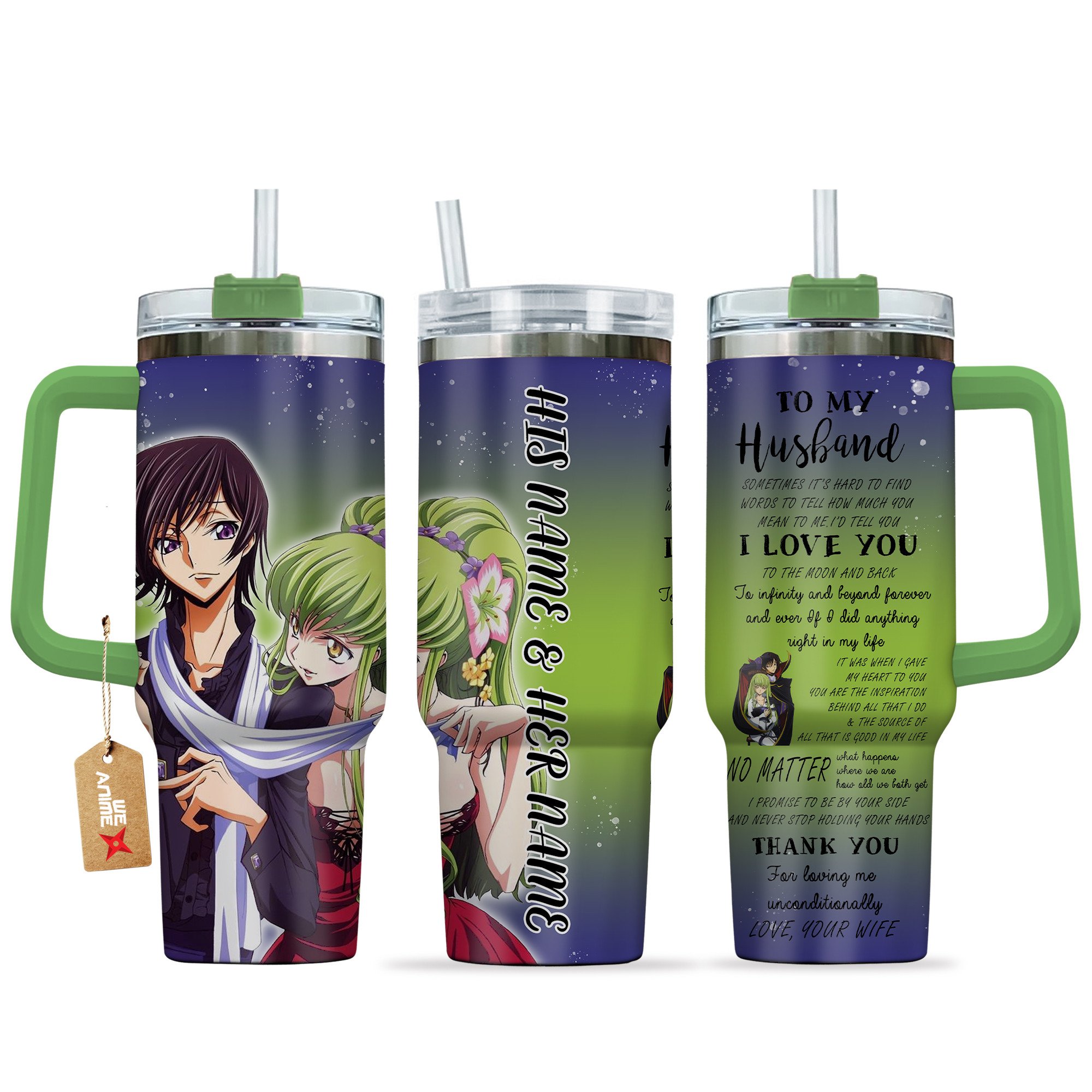 Hydratemerch C.C. & Lelouch vi Britannia Code Geass Anime Valentine Custom Stanley Quencher 40oz Stainless Steel Tumbler With Handle