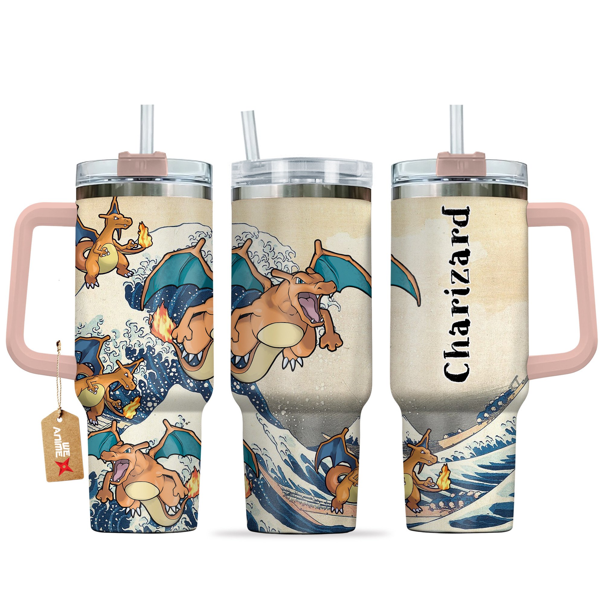 Hydratemerch Charizard Pokemon Anime Custom Stanley Quencher 40oz Stainless Steel Tumbler With Handle