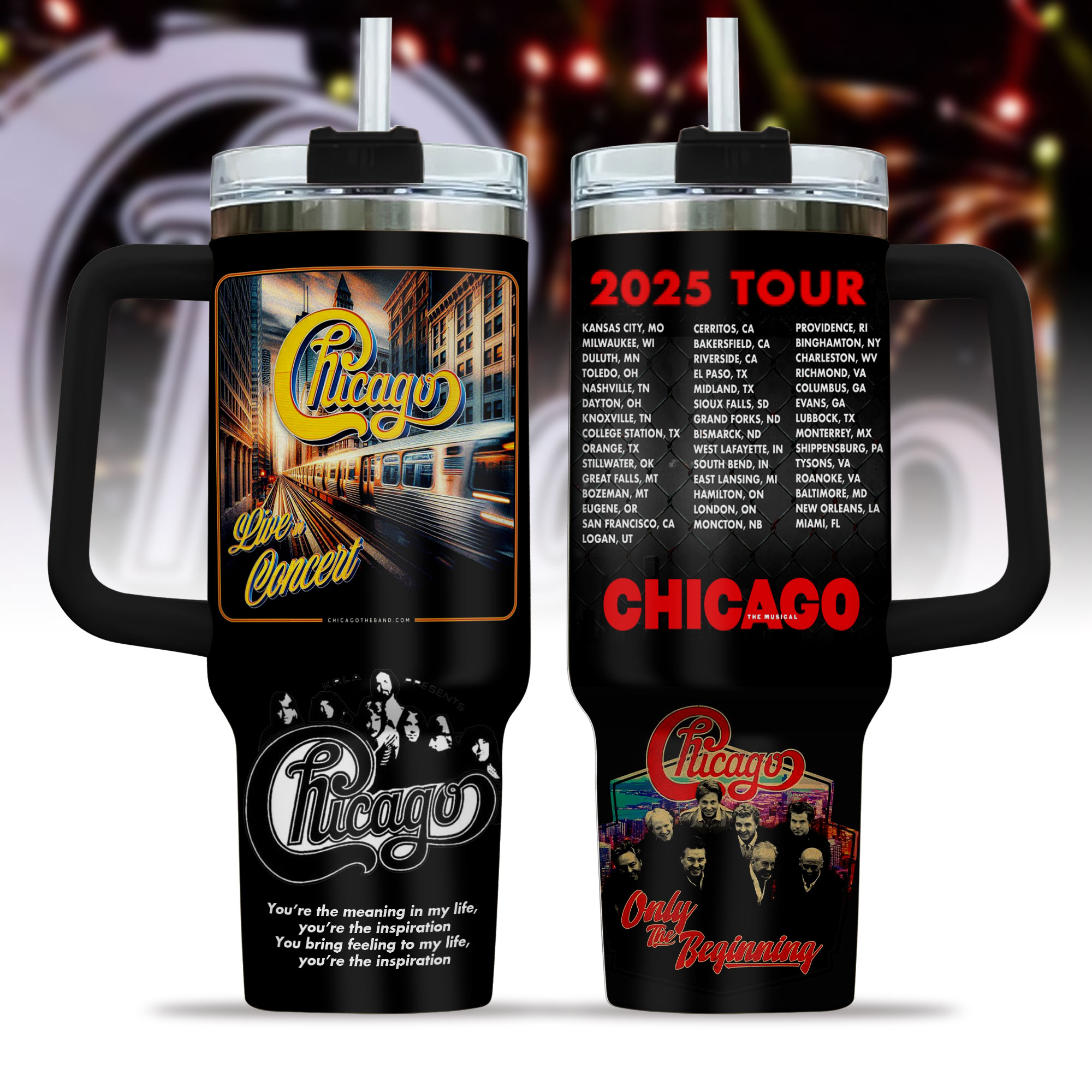Hydratemerch Chicago x The Very Best of Chicago: Only the Beginning Music Custom Stanley Quencher 40oz Stainless Steel Tumbler With Handle