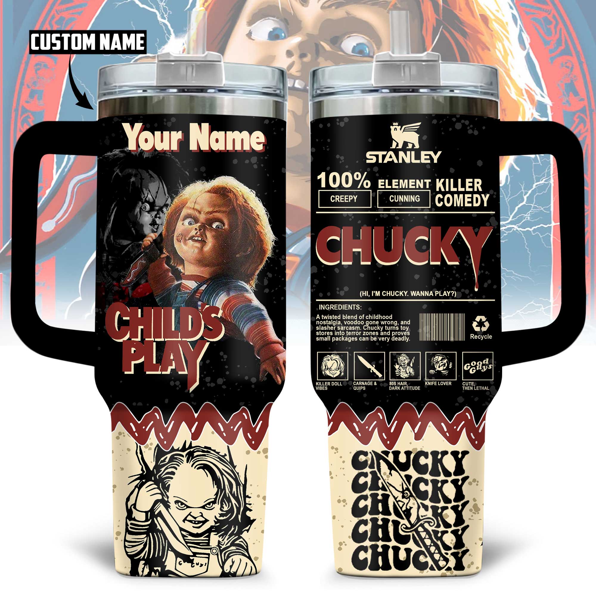 Hydratemerch Chucky Movies Custom Stanley Quencher 40oz Stainless Steel Tumbler With Handle