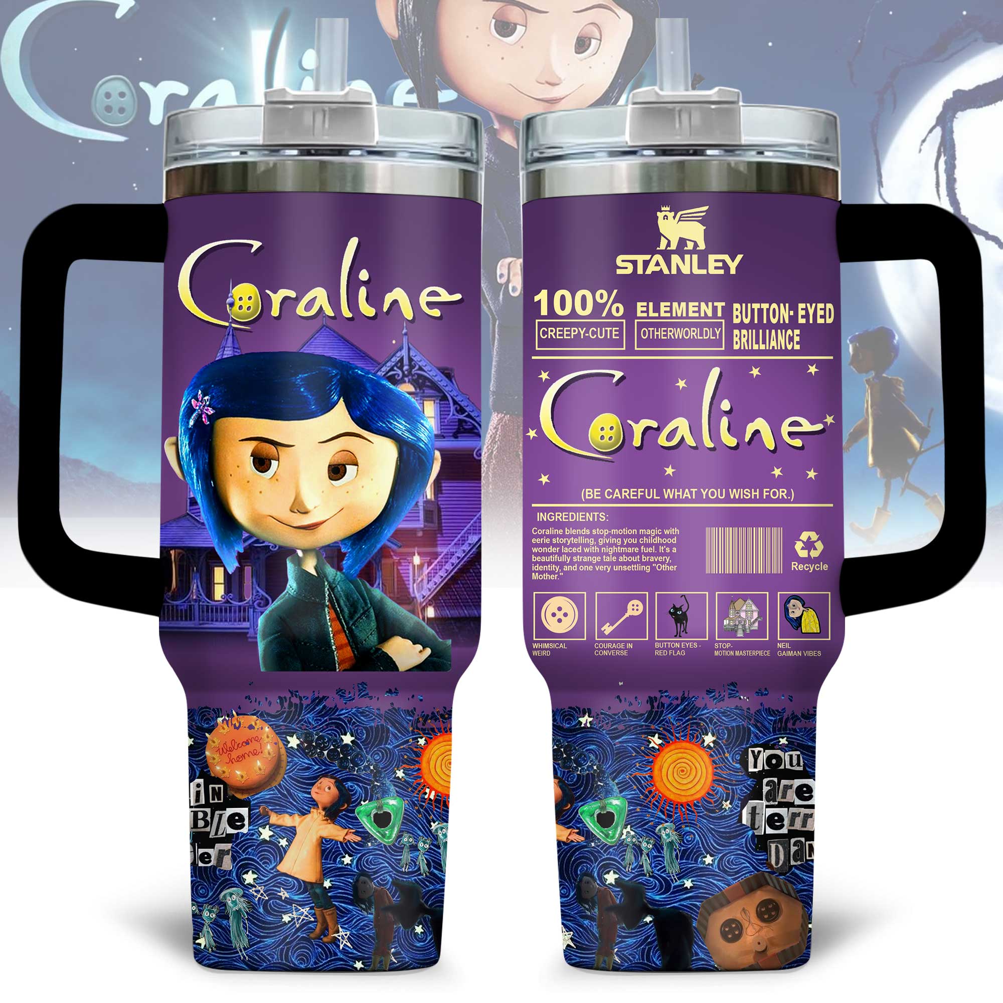 Hydratemerch Coraline Cartoon Custom Stanley Quencher 40oz Stainless Steel Tumbler With Handle