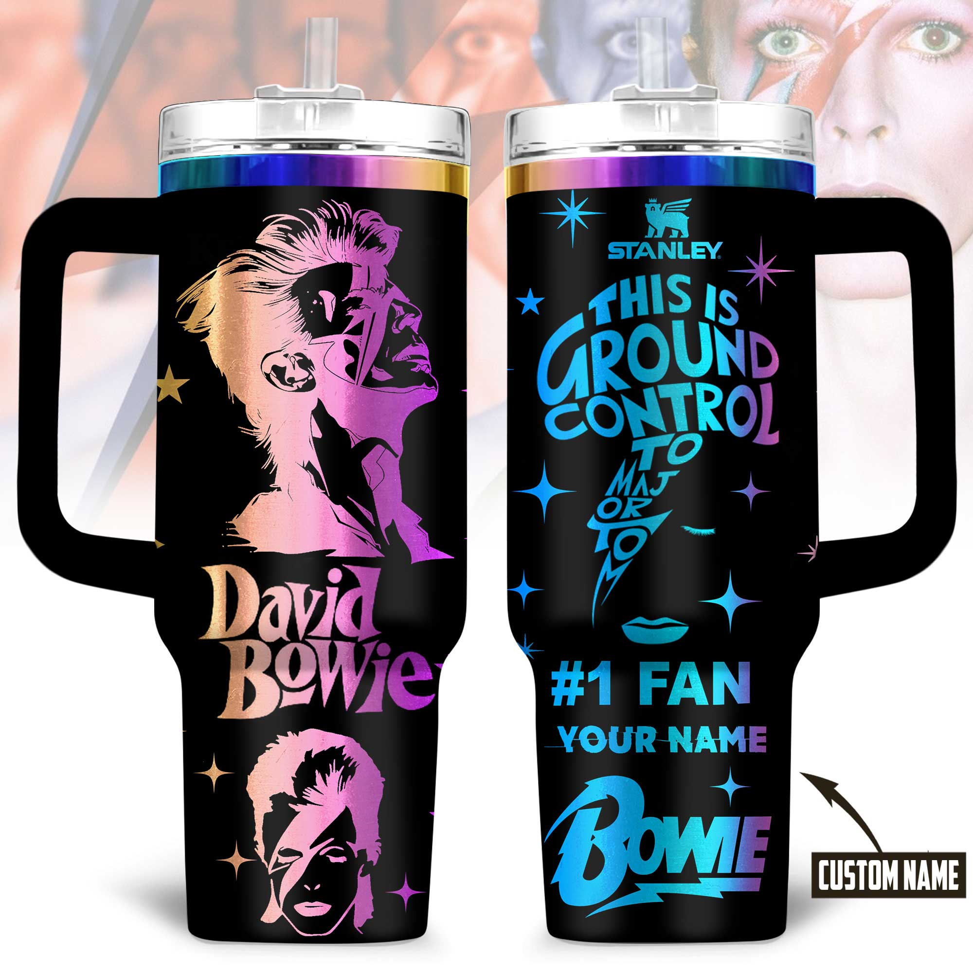 Hydratemerch David Bowie Music Custom Stanley Quencher 40oz Stainless Steel Tumbler With Handle