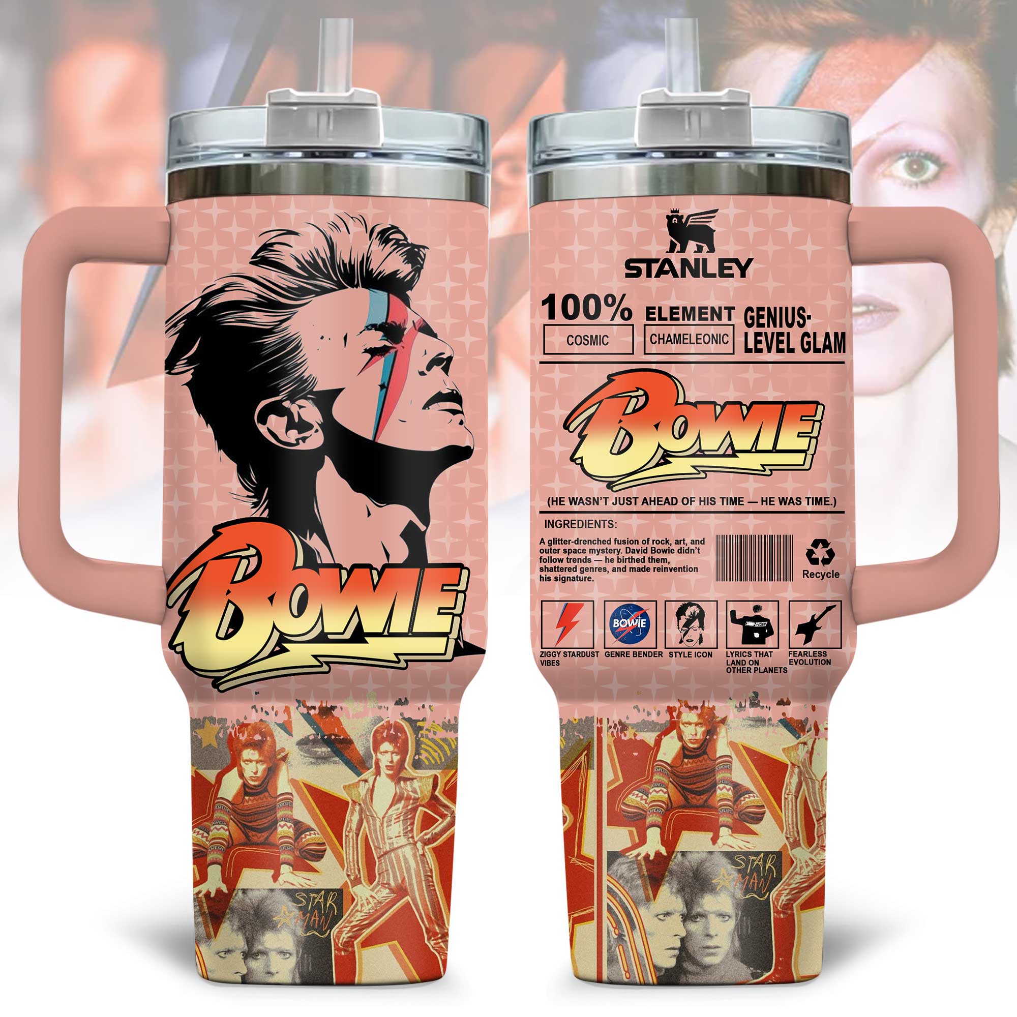 Hydratemerch David Bowie Music Custom Stanley Quencher 40oz Stainless Steel Tumbler With Handle