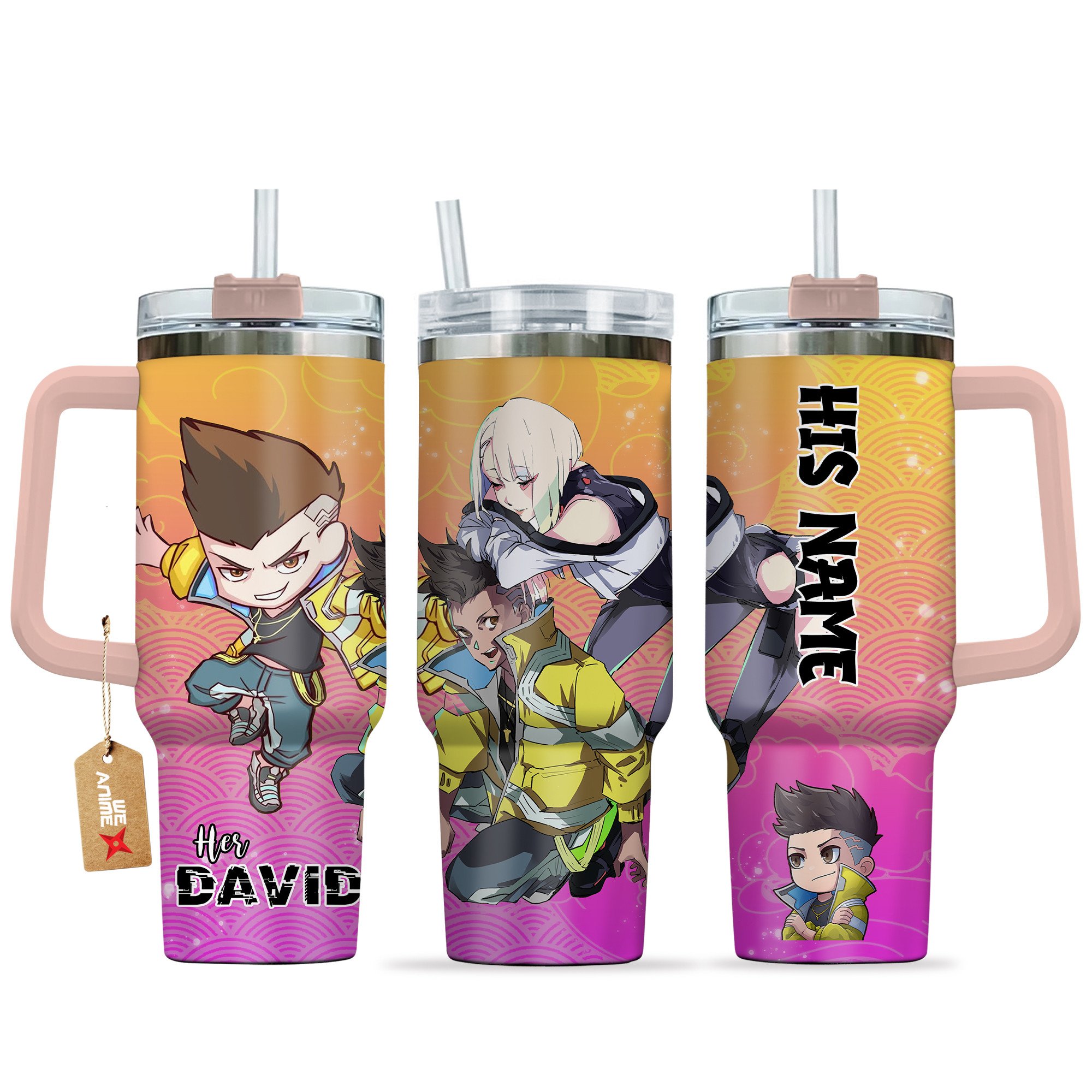 Hydratemerch David Martinez Cyberpunk Anime Valentine Custom Stanley Quencher 40oz Stainless Steel Tumbler With Handle
