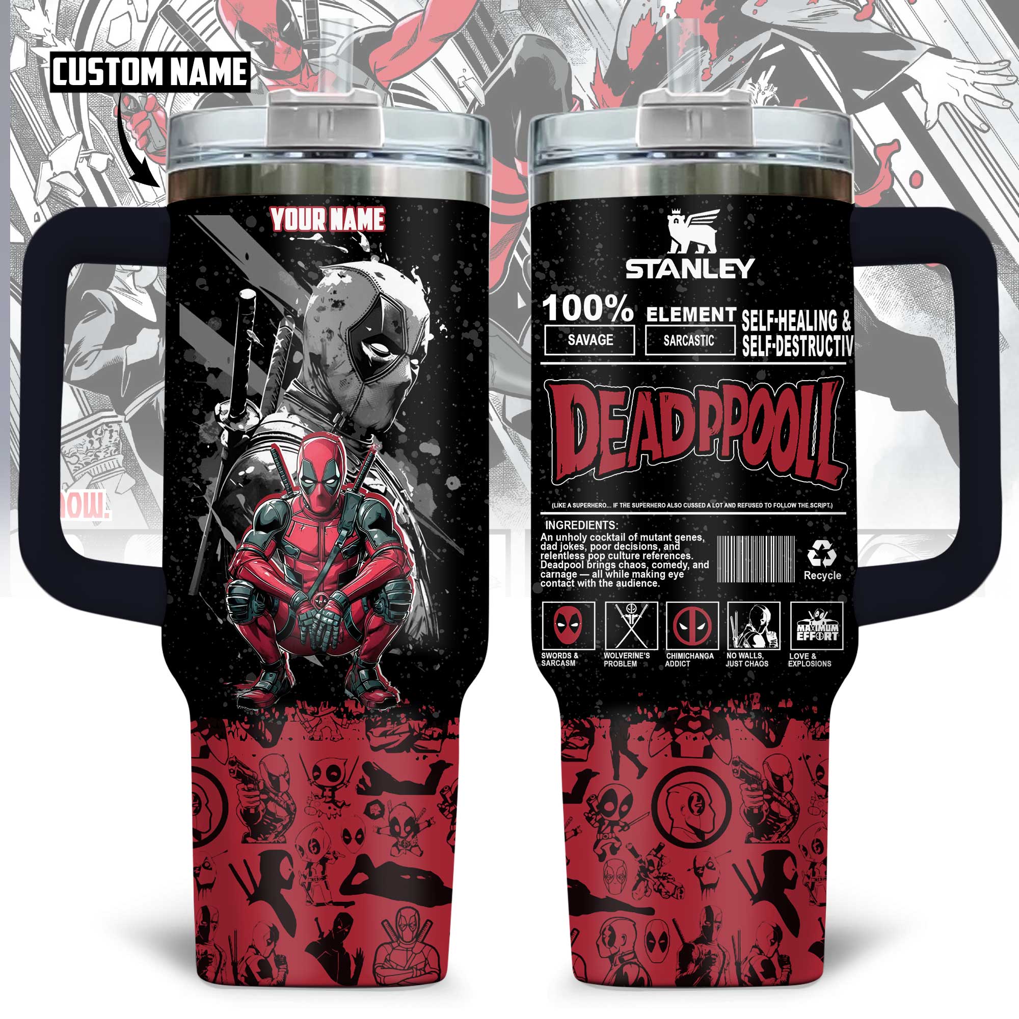 Hydratemerch Deadpool Movies Custom Stanley Quencher 40oz Stainless Steel Tumbler With Handle