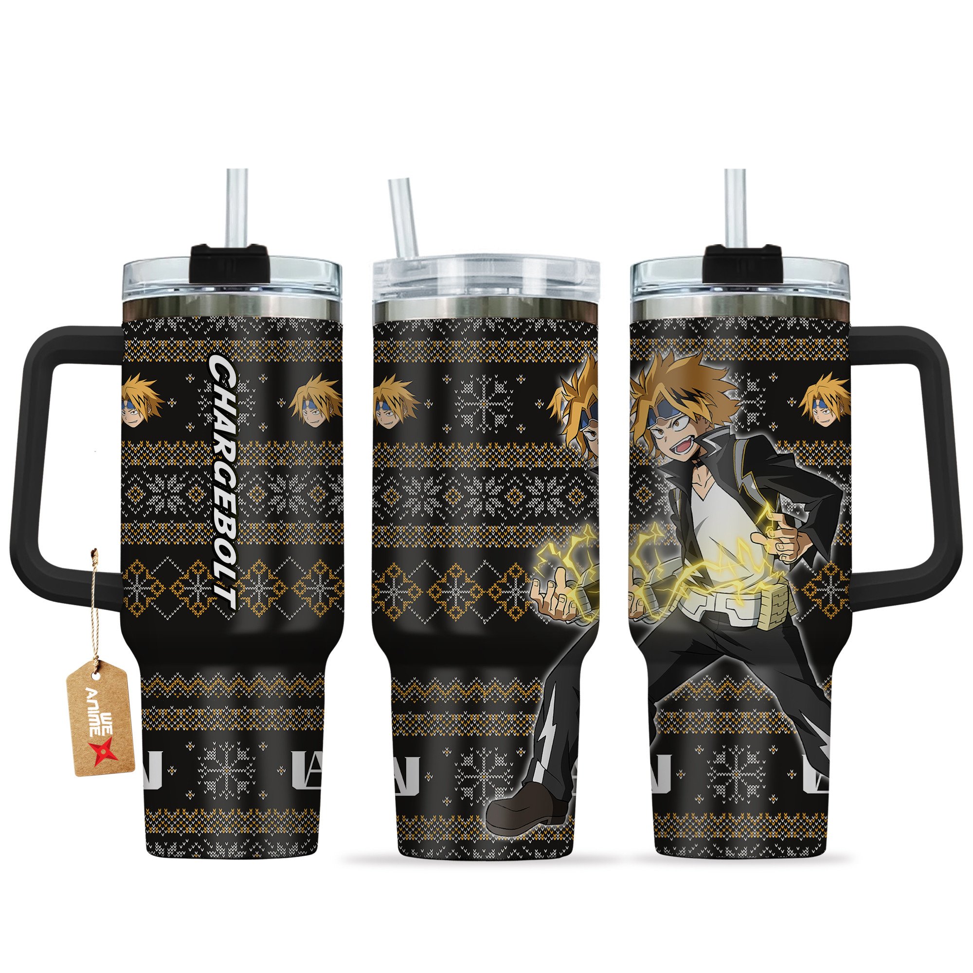 Hydratemerch Denki Kaminari (Chargebolt) My Hero Academia Anime Custom Stanley Quencher 40oz Stainless Steel Tumbler With Handle