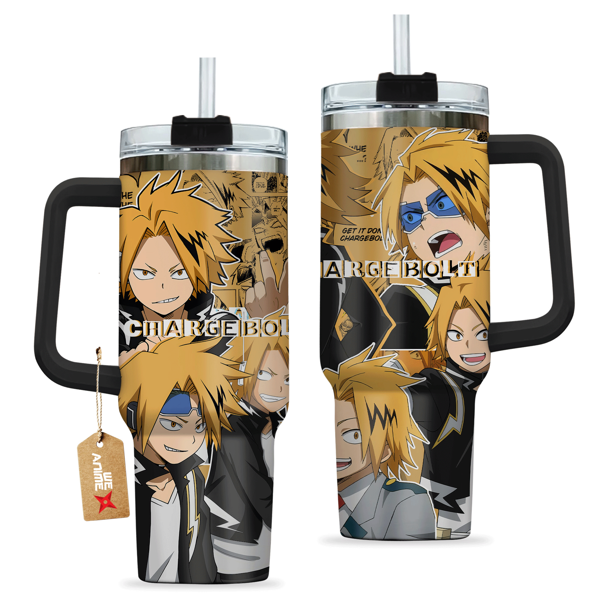 Hydratemerch Denki Kaminari (Chargebolt) My Hero Academia Anime Custom Stanley Quencher 40oz Stainless Steel Tumbler With Handle